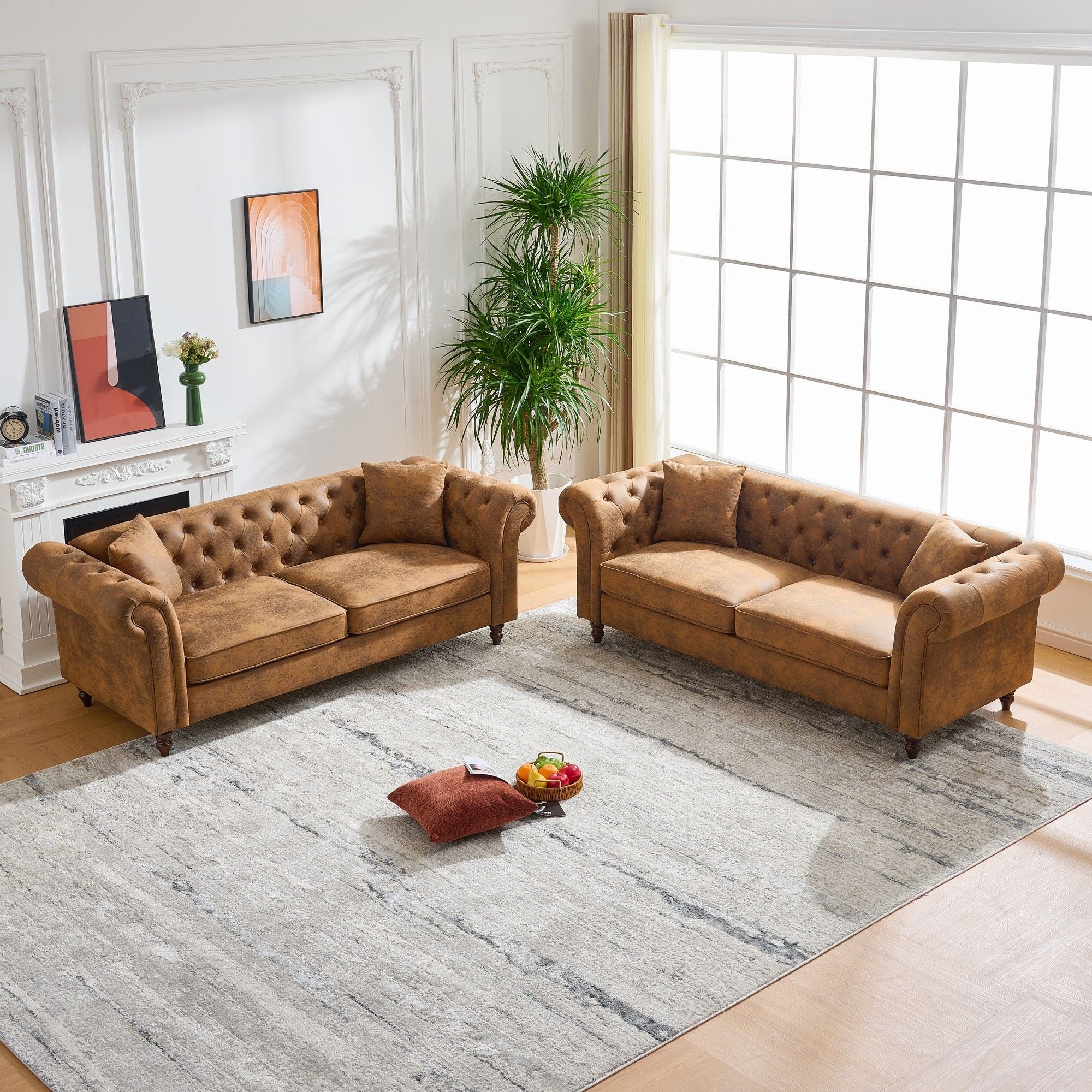 Chesterfield 3 And 3 Seater Sofa Set High Tech Fabric Roll Armrest Upholstered Couch - Best Buy Furniture