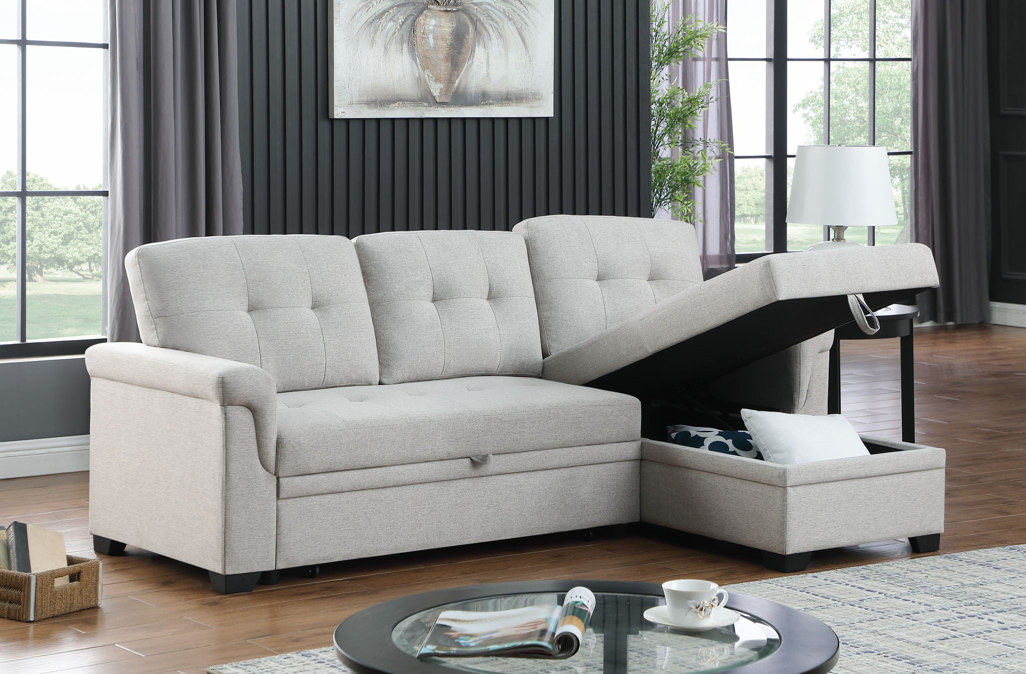 Lucca - Linen Reversible Sleeper Sectional Sofa With Storage Chaise - Best Buy Furniture