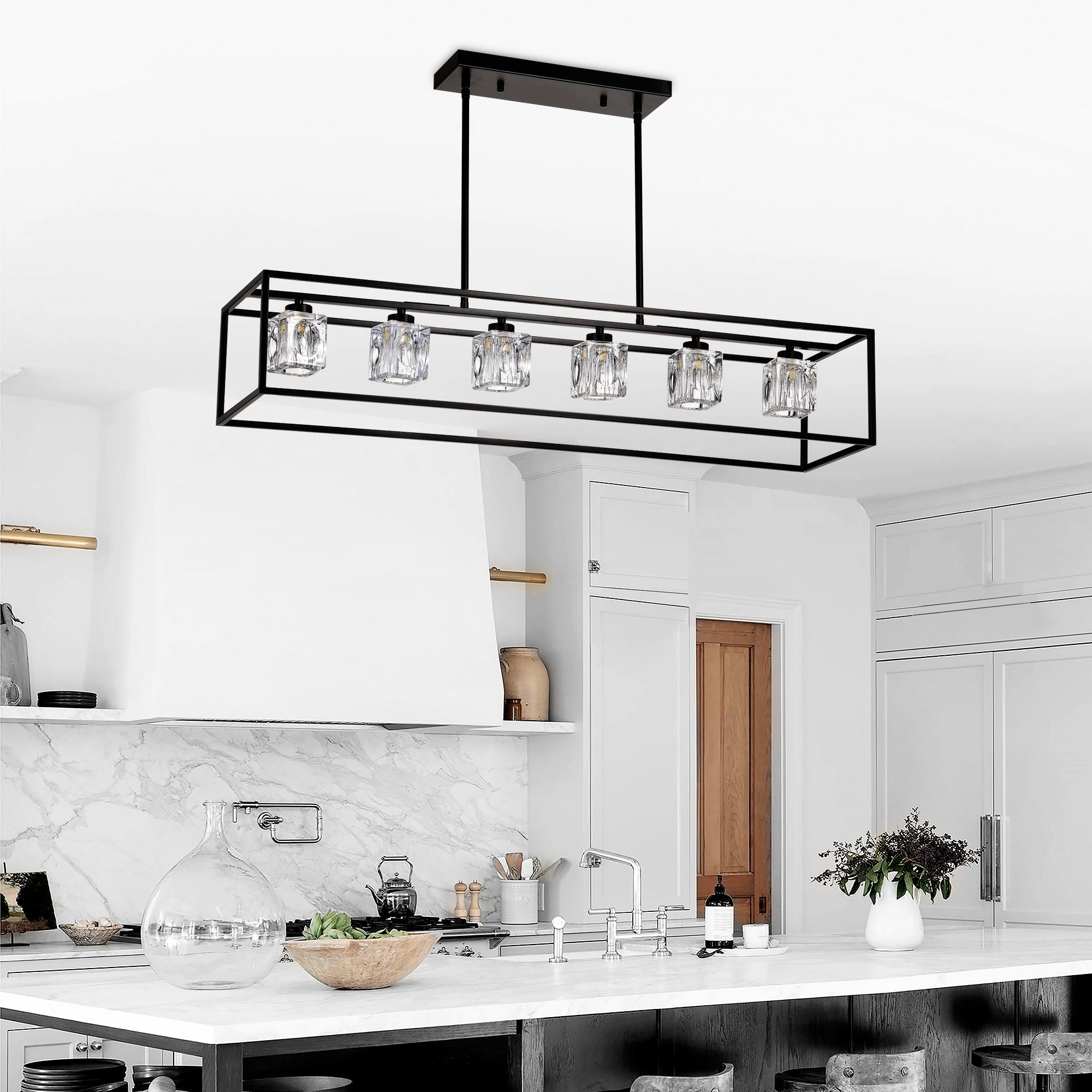 6 Light Farmhouse Chandelier, Modern Industrial Linear Rectangular Crystal Pendant Light Cage Chandelier For Dining Room, Kitchen Island, Bar, Long Table, G9*6 Bulbs Included - Matte Black - Best Buy Furniture