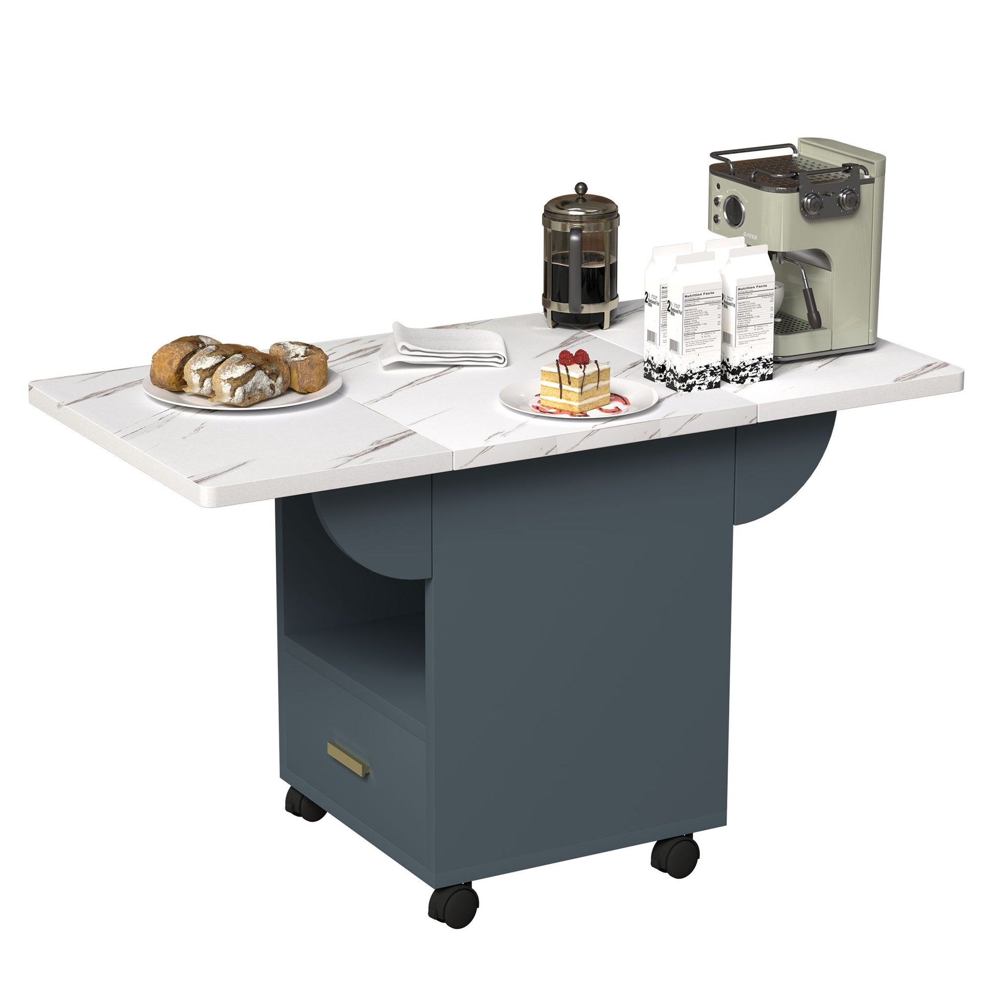 Versatile Wood Folding Dining Table With Wheels, Storage Rack & Drawer, Space Saving Design - White - Best Buy Furniture