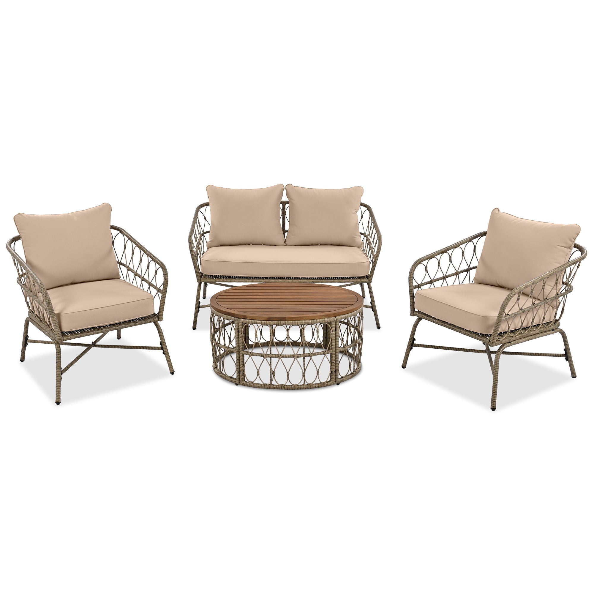 Bohemia-Inspired 4 Person Outdoor Seating Group With Removable Cushions, Conversation Patio Set With Wood Tabletop - Beige - Best Buy Furniture