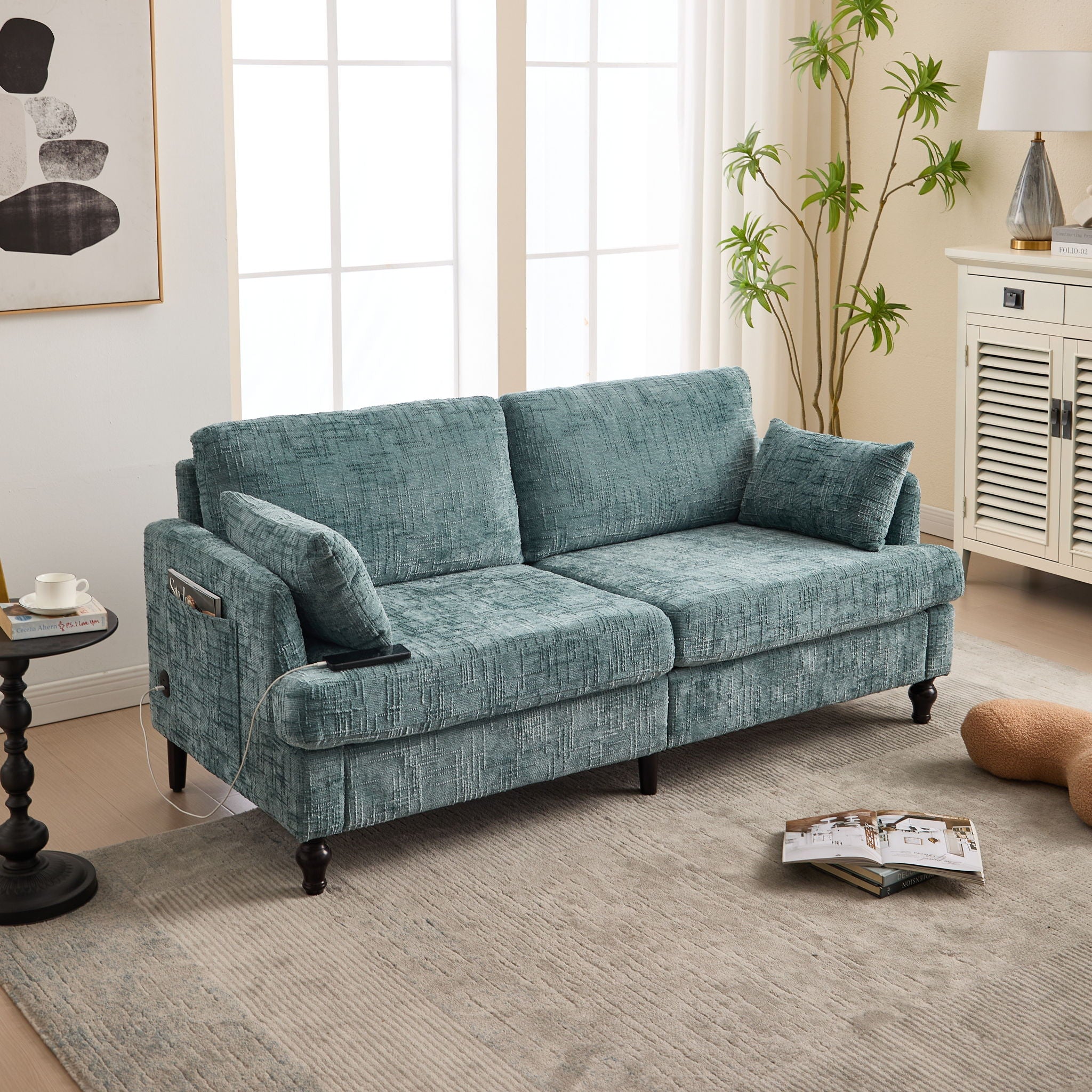 Chenille 2 Seater Sofa With LED Light, USB Charging Port, And Storage Bag - Best Buy Furniture