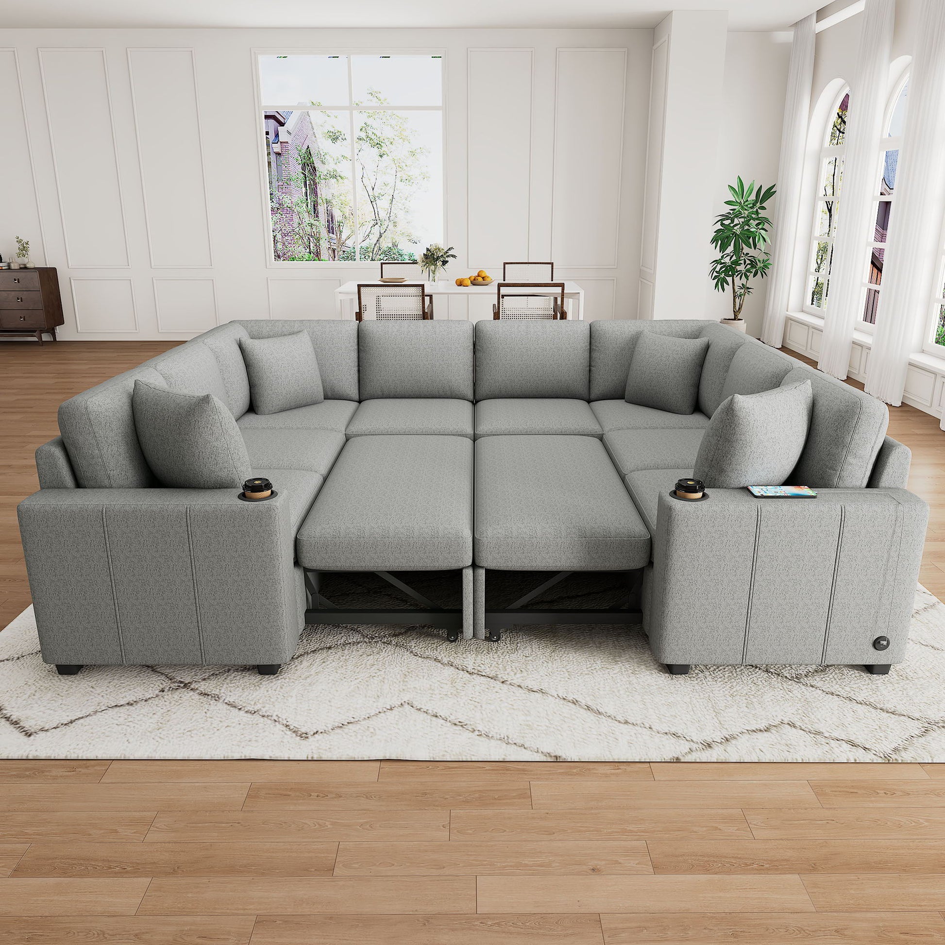 Modern U-Shaped Sectional Sofa Convertible Pull-Out Sofa Bed With USB Ports And Cup Holders - Best Buy Furniture