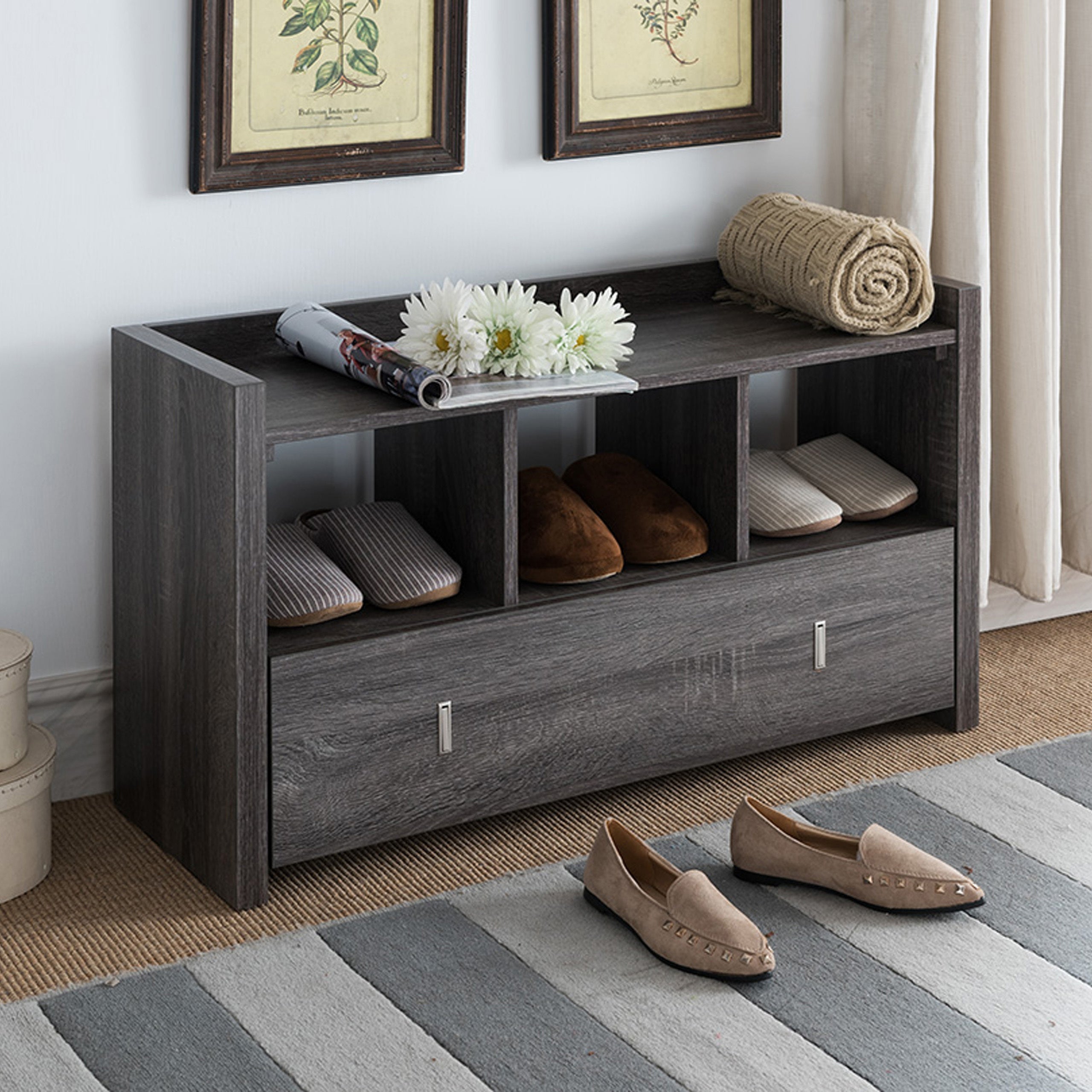 Shoe Entry Bench with Three Shelves, One Drawer with Divided Compartment- Distressed Grey - Best Buy Furniture