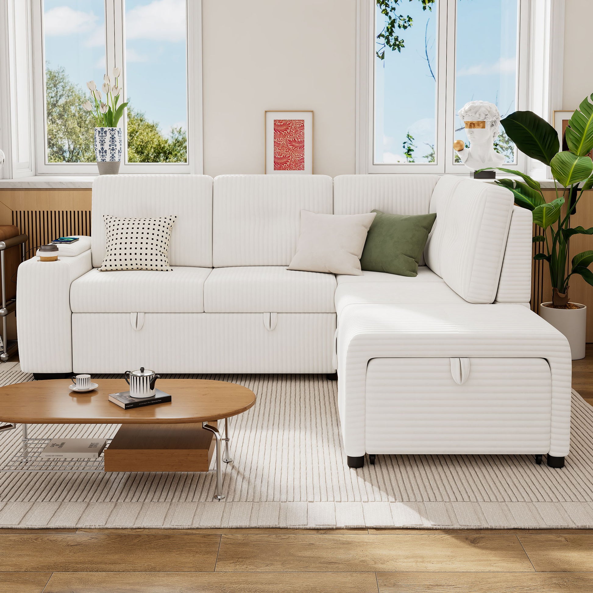 Pull-Out L-Shaped Sectional Sofa With Movable Ottoman And Stool, Large Storage Space, A Cup Holder, And 2 USB Ports For Living Room - Best Buy Furniture