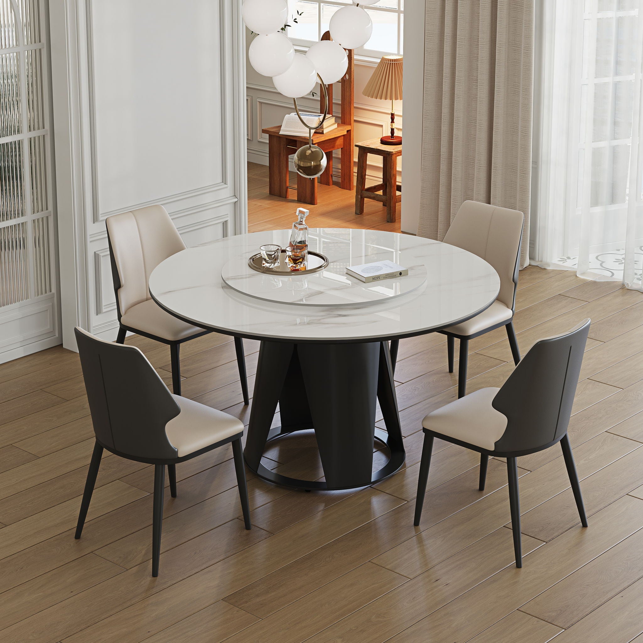 Modern Sintered Stone Dining Table With Round Turntable And Metal Pedestal - White - Best Buy Furniture