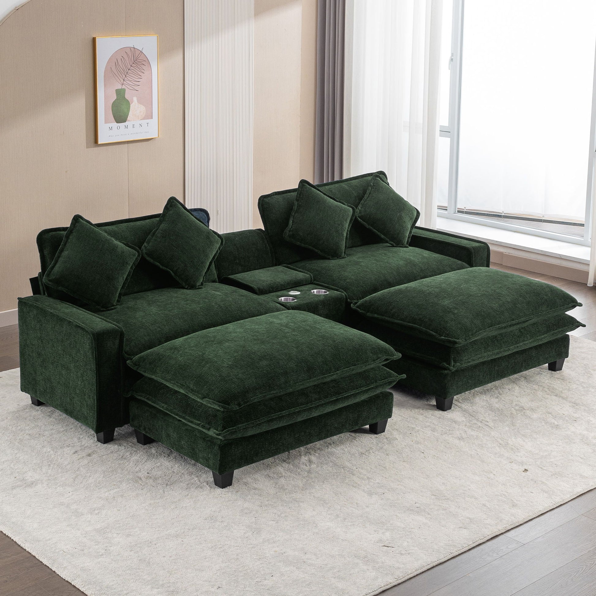 Sectional Sofa Chenille Upholstered Sofa With Two Removable Ottoman, Two USB Ports, Two Cup Holders And Large Storage Box For Living Room - Best Buy Furniture