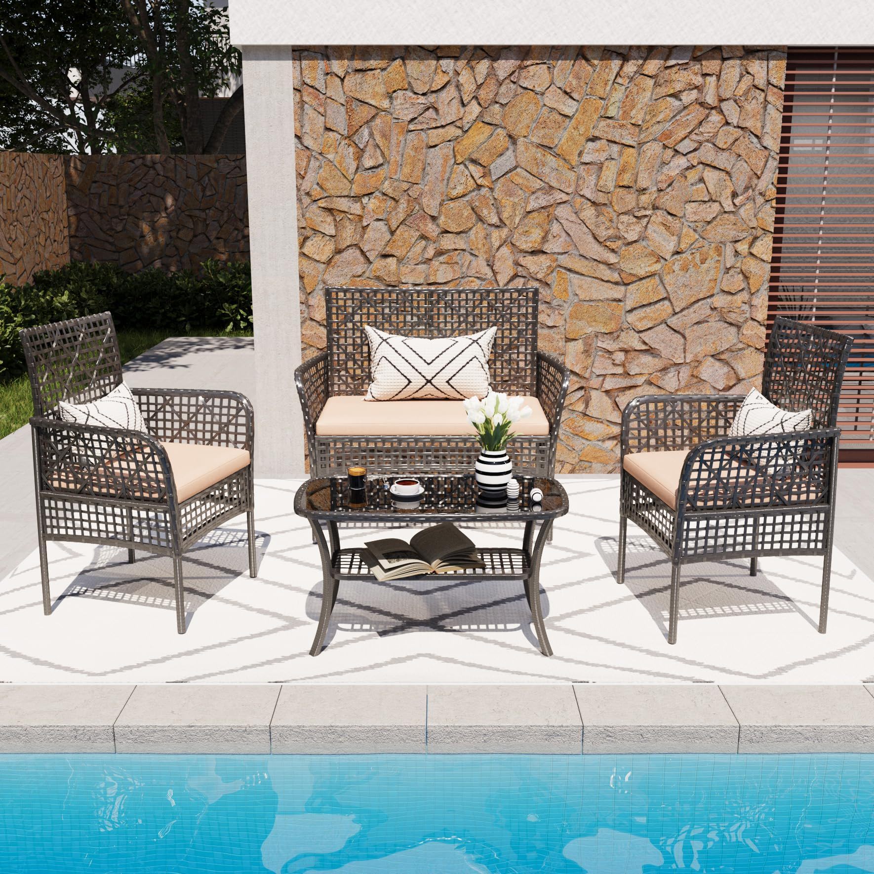 4 Pieces Rattan Wicker Chairs With Tempered Glass Table And Cushions - Best Buy Furniture
