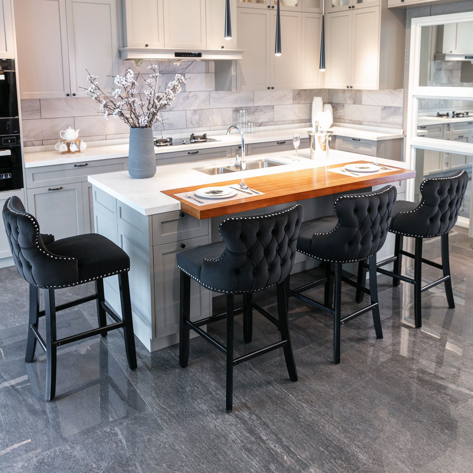 Contemporary Velvet Upholstered Wing-Back Barstools With Button Tufted Decoration And Wooden Legs, And Chrome Nailhead Trim, Leisure Style Bar Chairs, Bar Stools (Set of 2) - Best Buy Furniture