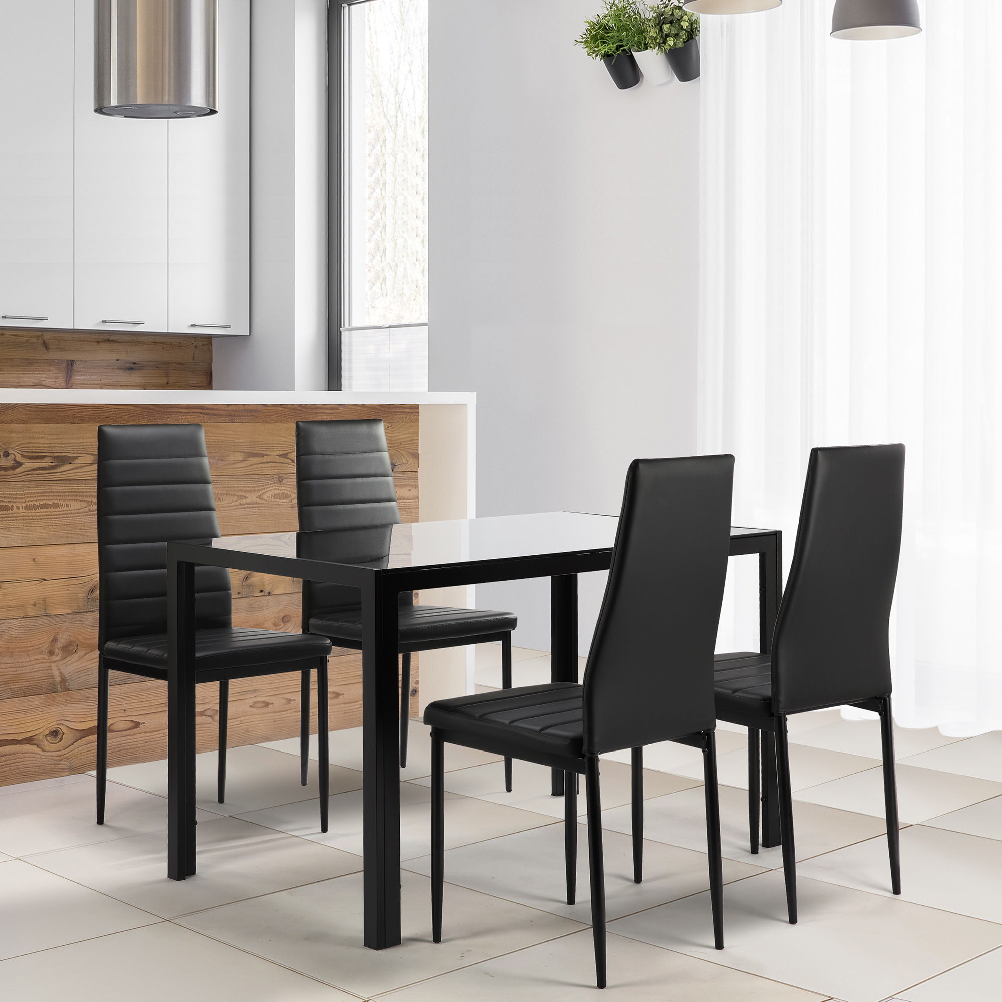 5 Pieces Dining Table Set For 4, Kitchen Room Tempered Glass Dining Table, 4 Faux Leather Chairs - Black - Best Buy Furniture
