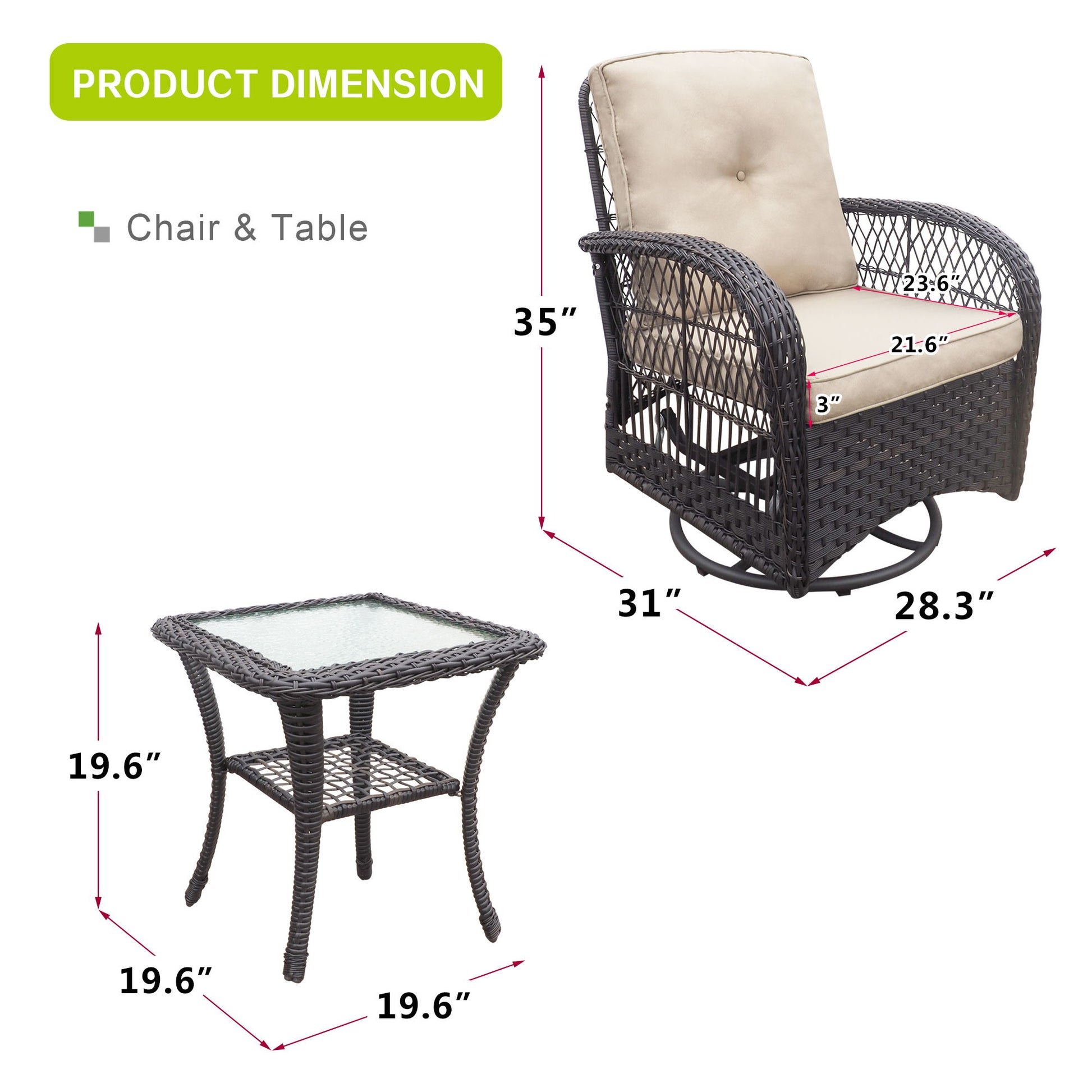 3 Pieces Conversation Set, Outdoor Wicker Rocker Swivel Patio Bistro Set, Rocking Chair With Glass Top Side Table - Best Buy Furniture