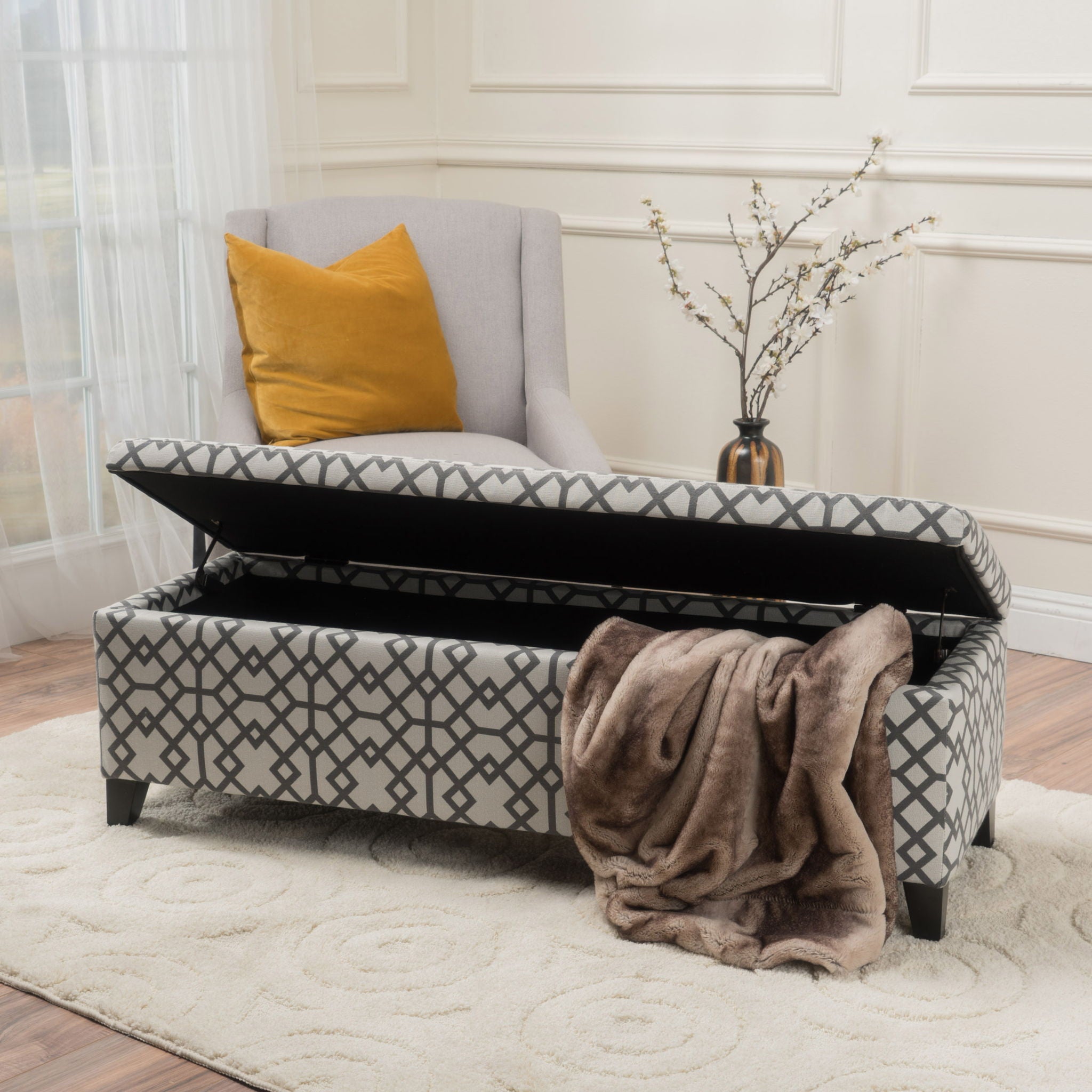 Quotient - Upholstered Storage Ottoman With Tapered Block Feet - Gray / White - Best Buy Furniture
