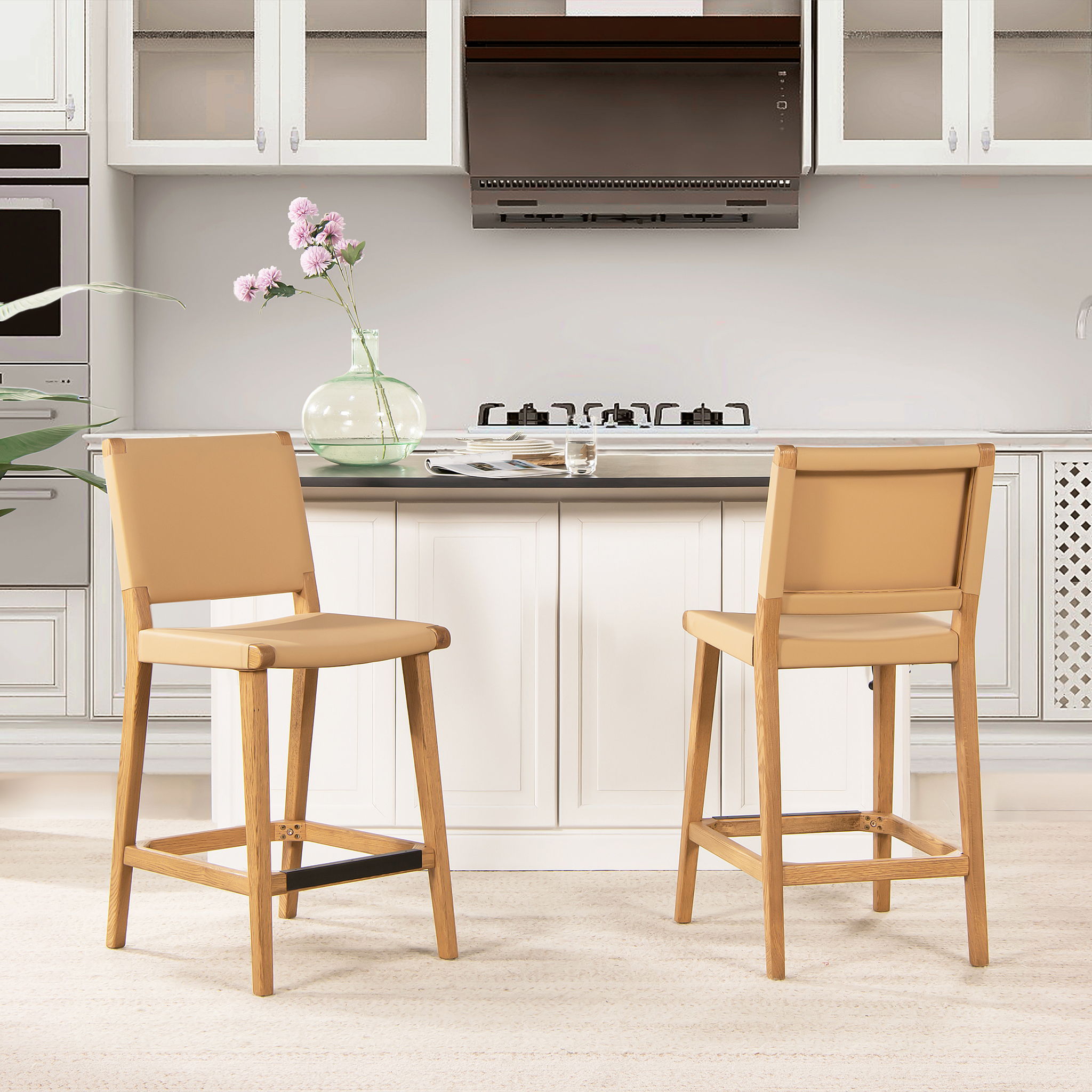 Pierre - Farmhouse Saddle Kitchen Island Counter Stool With Back - Sunkissed Beige Leather / Natural - Best Buy Furniture