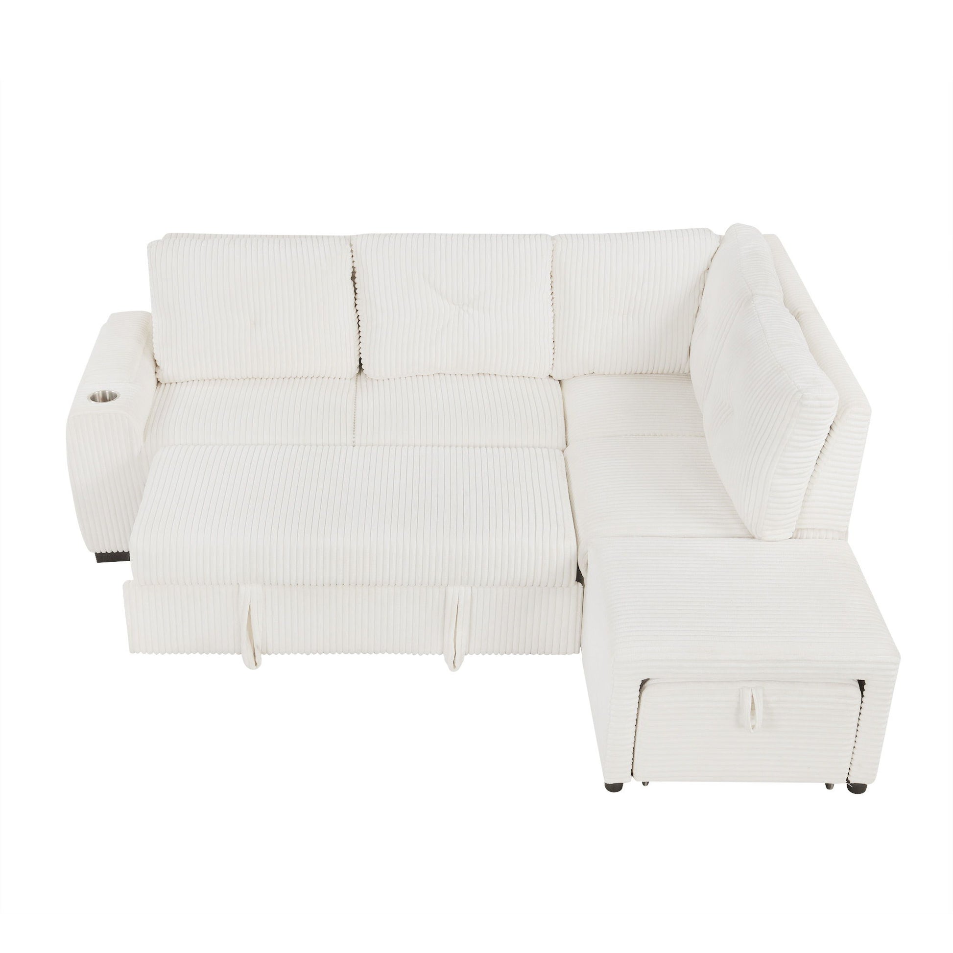 Pull-Out L-Shaped Sectional Sofa With Movable Ottoman And Stool, Large Storage Space, A Cup Holder, And 2 USB Ports For Living Room - Best Buy Furniture