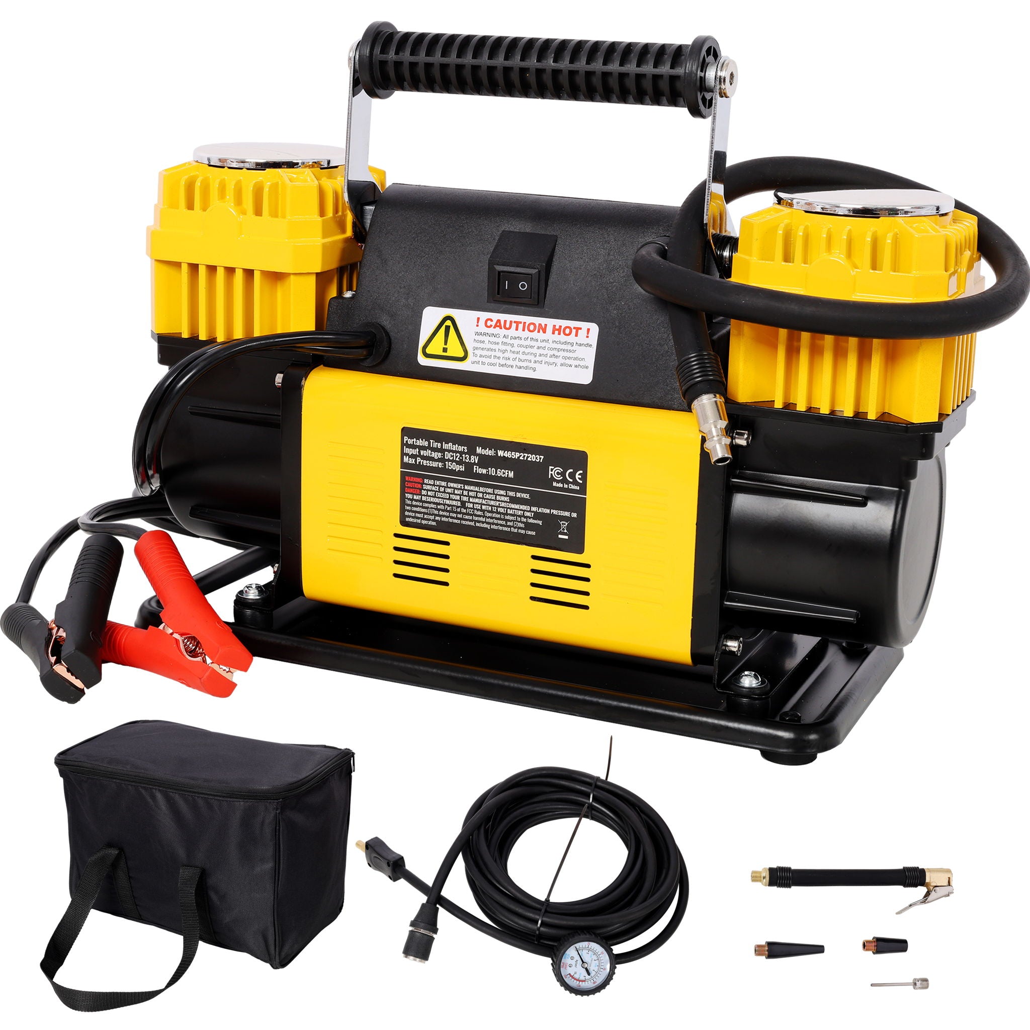 Heavy Duty 12V Dual Cylinder Air Compressor, Tire Inflator With Gauge - Yellow / Black - Best Buy Furniture