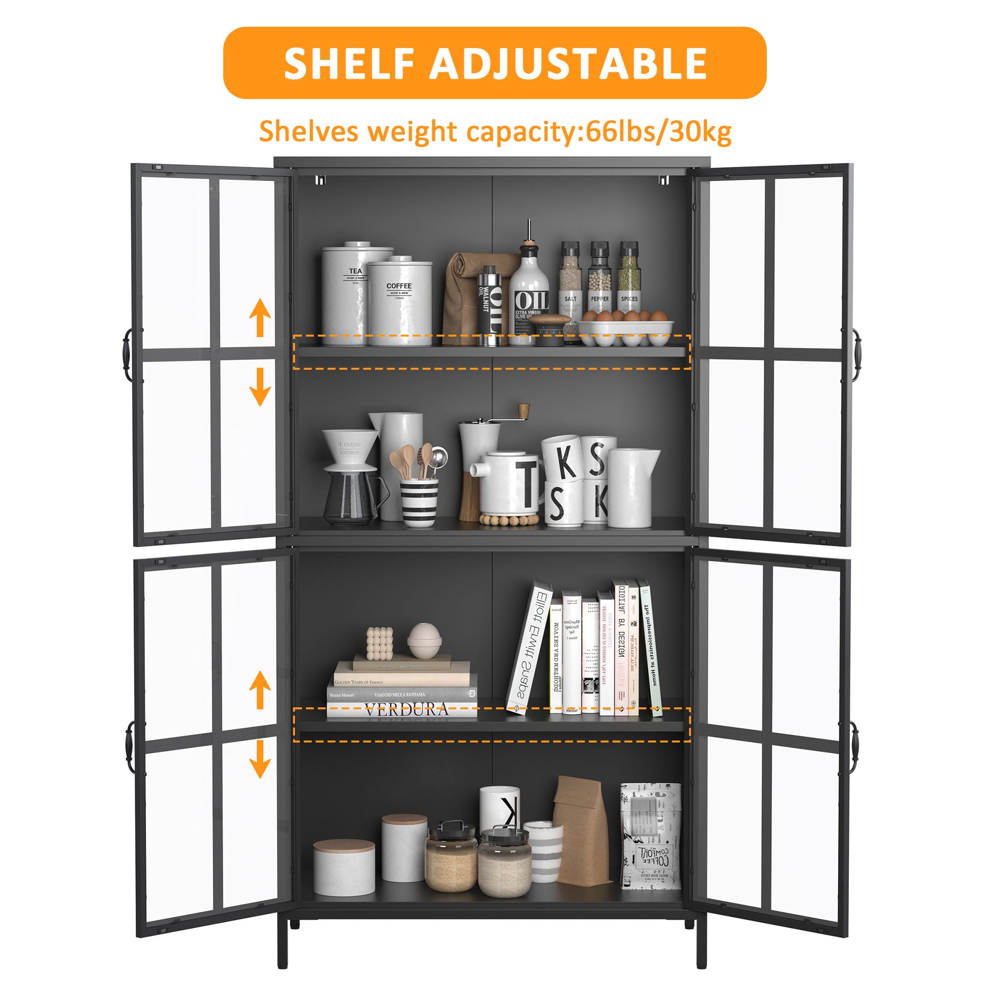 Premium Metal Storage Cabinet With Tempered Glass Doors, Adjustable Shelves, And Anti Tipping Device - Black - Best Buy Furniture