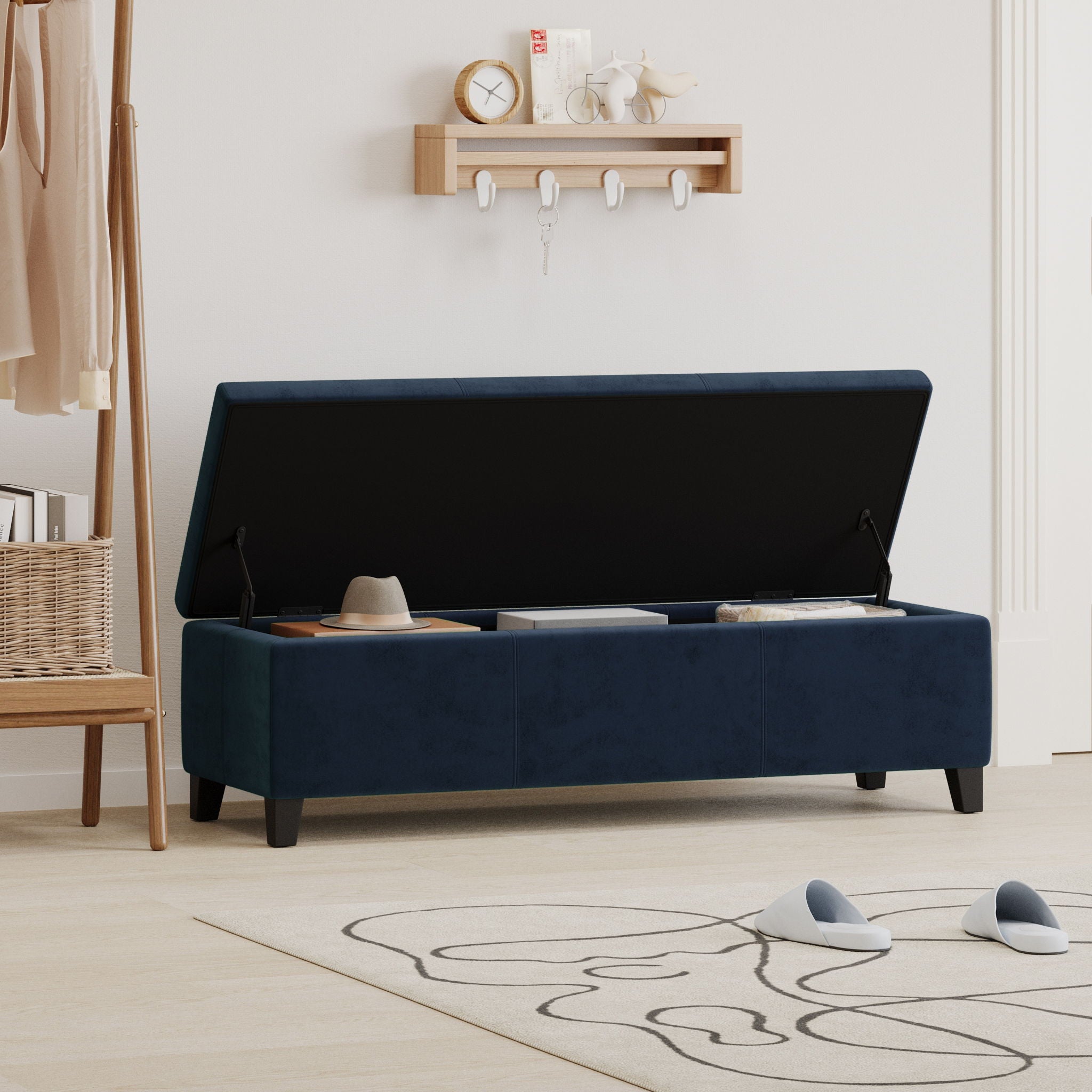 Velvet Storage Bench, Upholstered End Of Bed, Storage Ottoman Benches, Fabric Ottoman Bench With Large Storage Space For Living Room Entryway Bedroom - Dark Blue - Best Buy Furniture