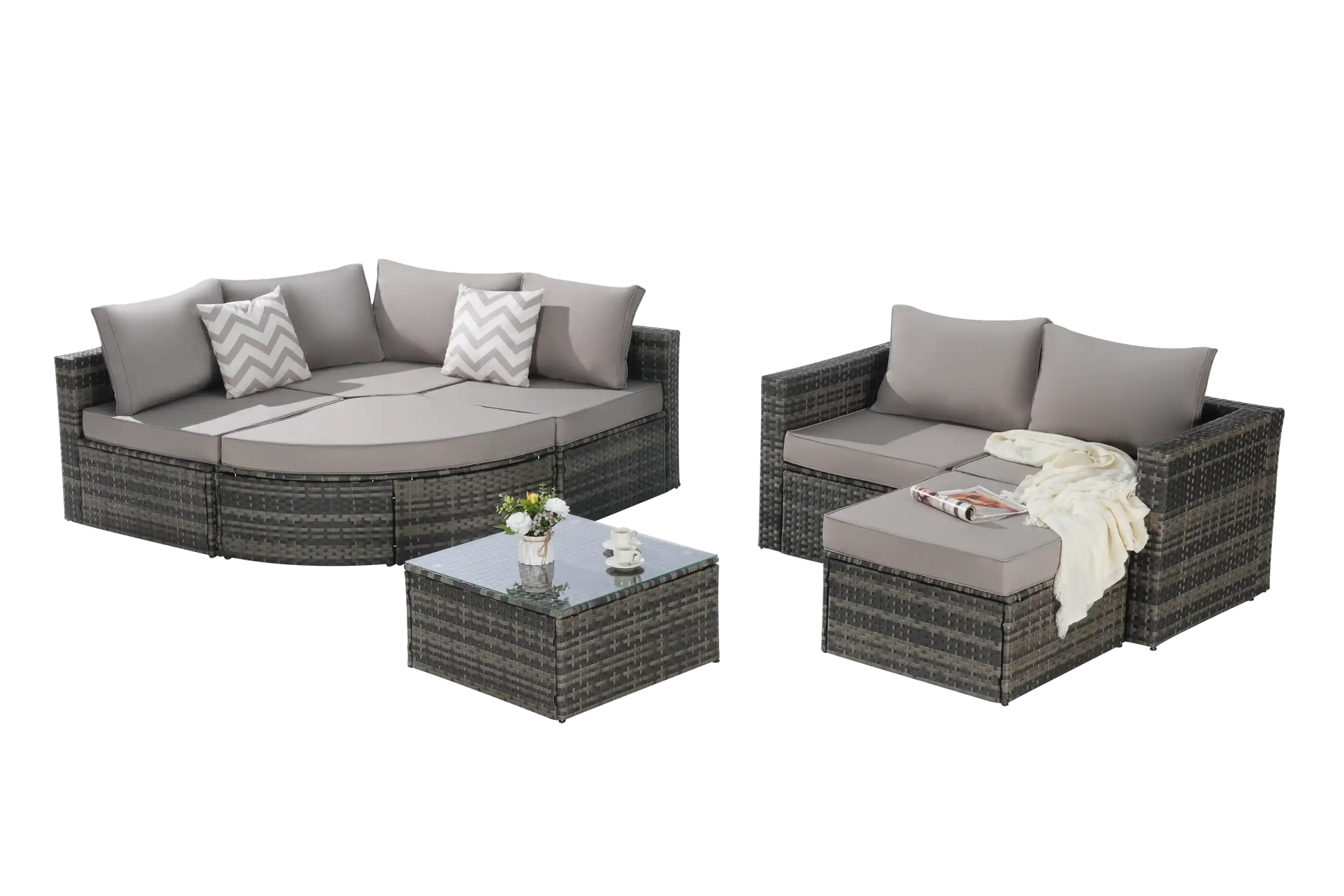 8 Piece L- Shaped Outdoor Patio Sofa Set with Ottoman & Glass Top Table - Best Buy Furniture