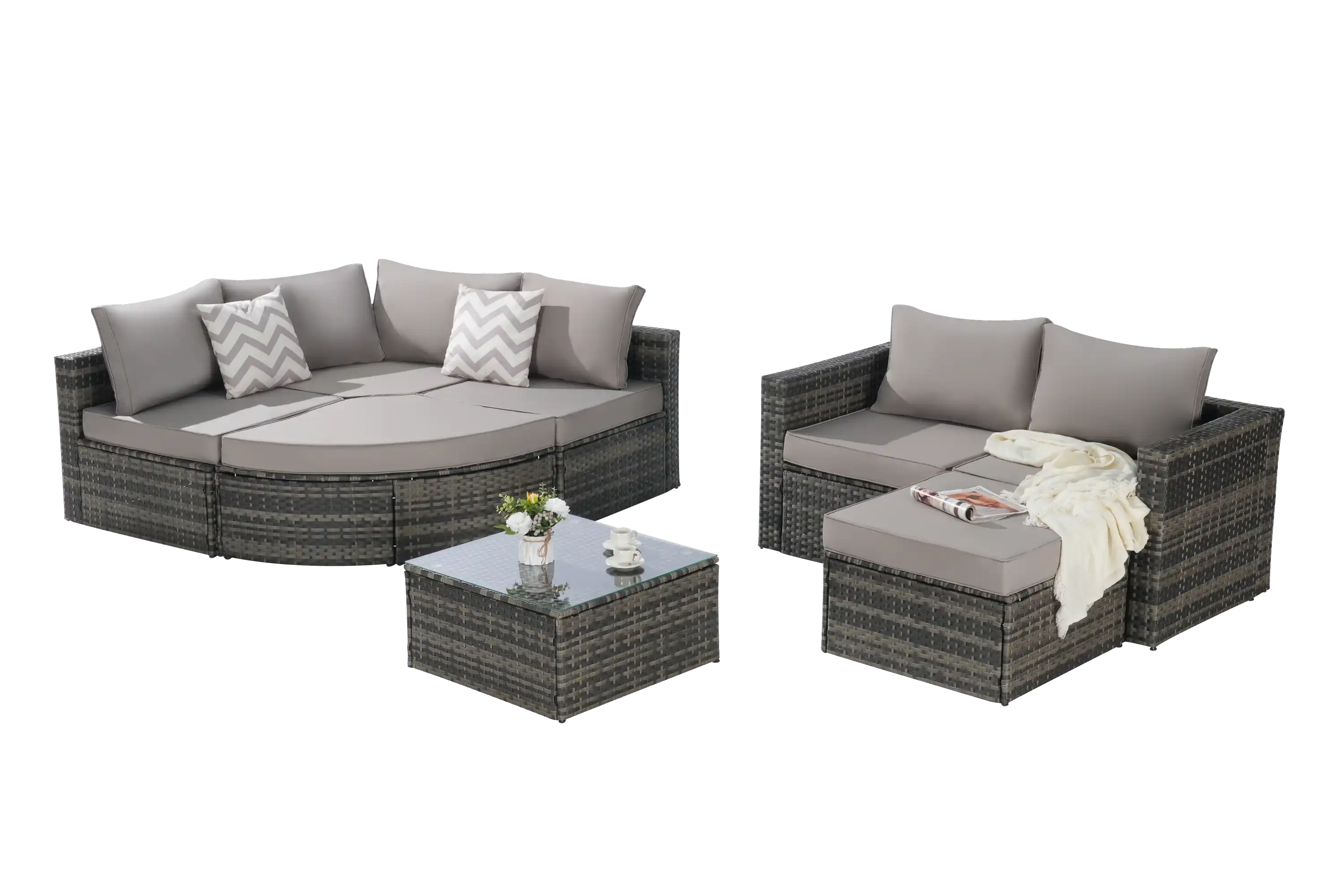 8 Piece L- Shaped Outdoor Patio Sofa Set with Ottoman & Glass Top Table - Best Buy Furniture