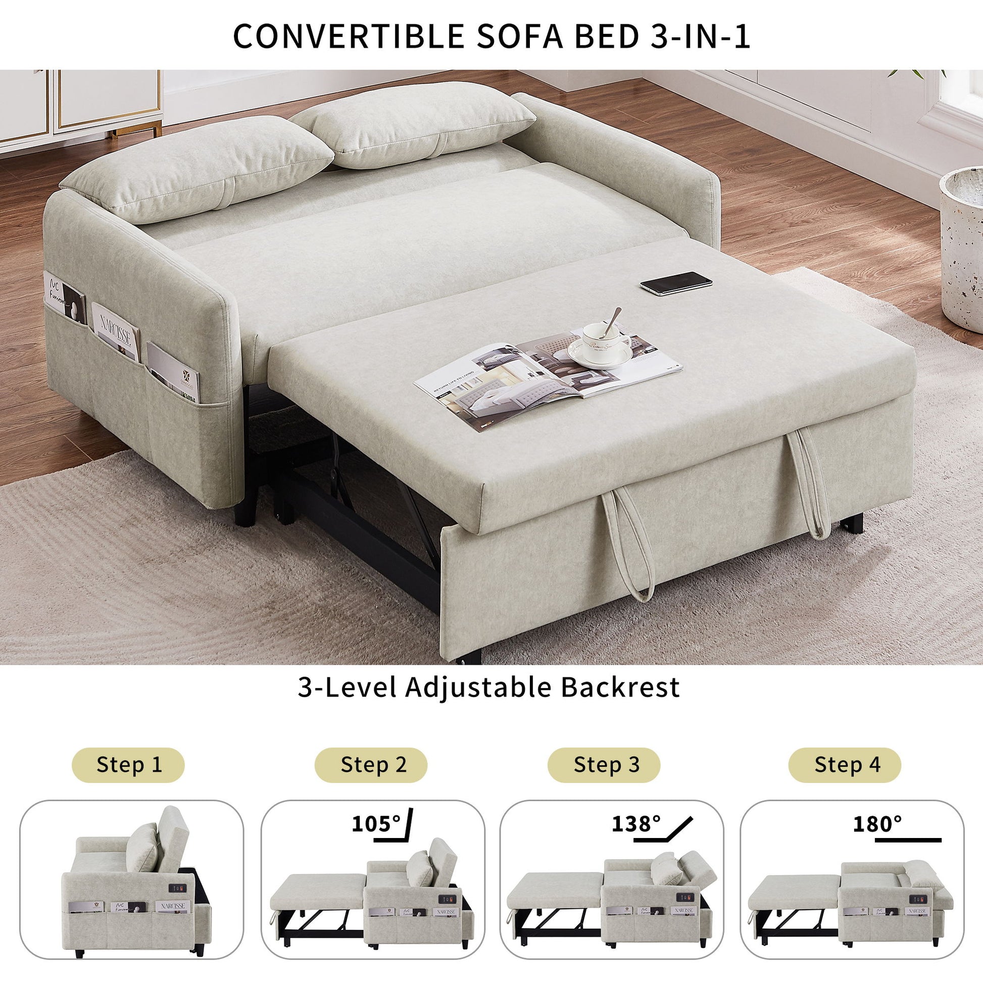 Pull Out Sleep Sofa Bed Loveseats Sofa Couch With Adjsutable Backrest, Storage Pockets, 2 Soft Pillows, USB Ports For Living Room, Bedroom, Apartment, Office - Best Buy Furniture