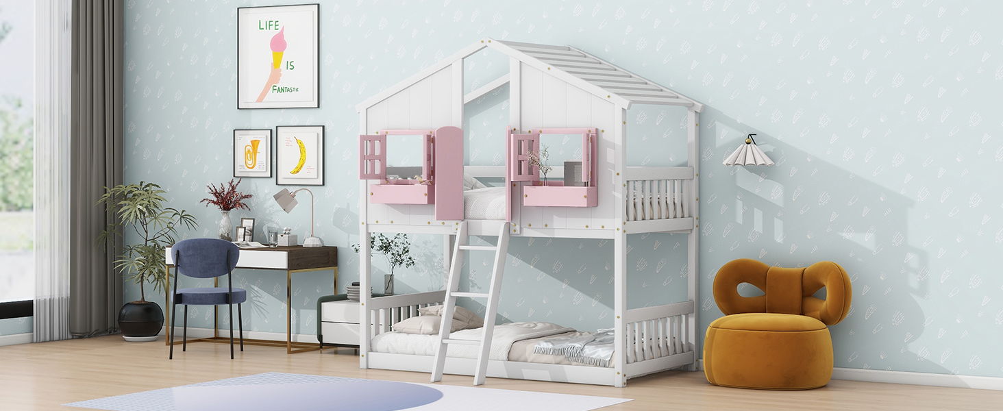 House Bunk Bed With Roof, Window, Window Box, Door, With Safety Guardrails And Ladder - Best Buy Furniture