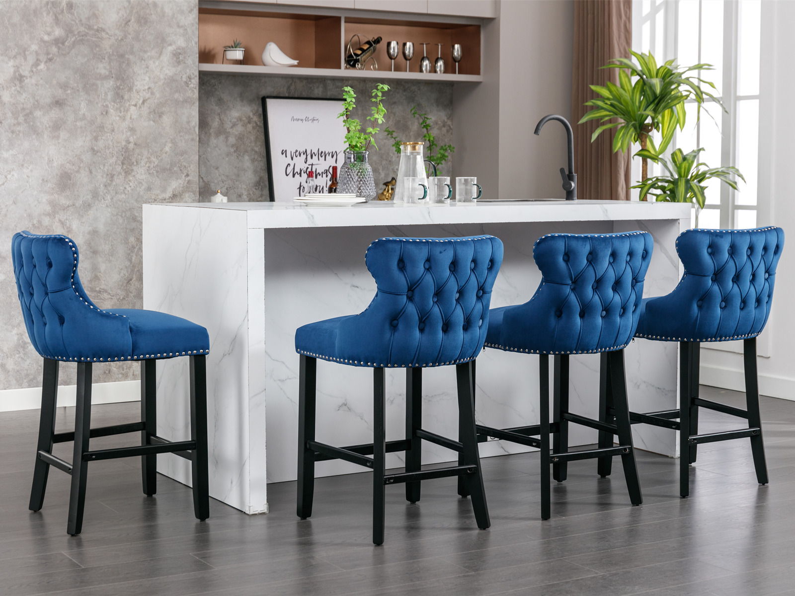 Contemporary Velvet Upholstered Wing-Back Barstools With Button Tufted Decoration And Wooden Legs, And Chrome Nailhead Trim, Leisure Style Bar Chairs, Bar Stools (Set of 2) - Best Buy Furniture