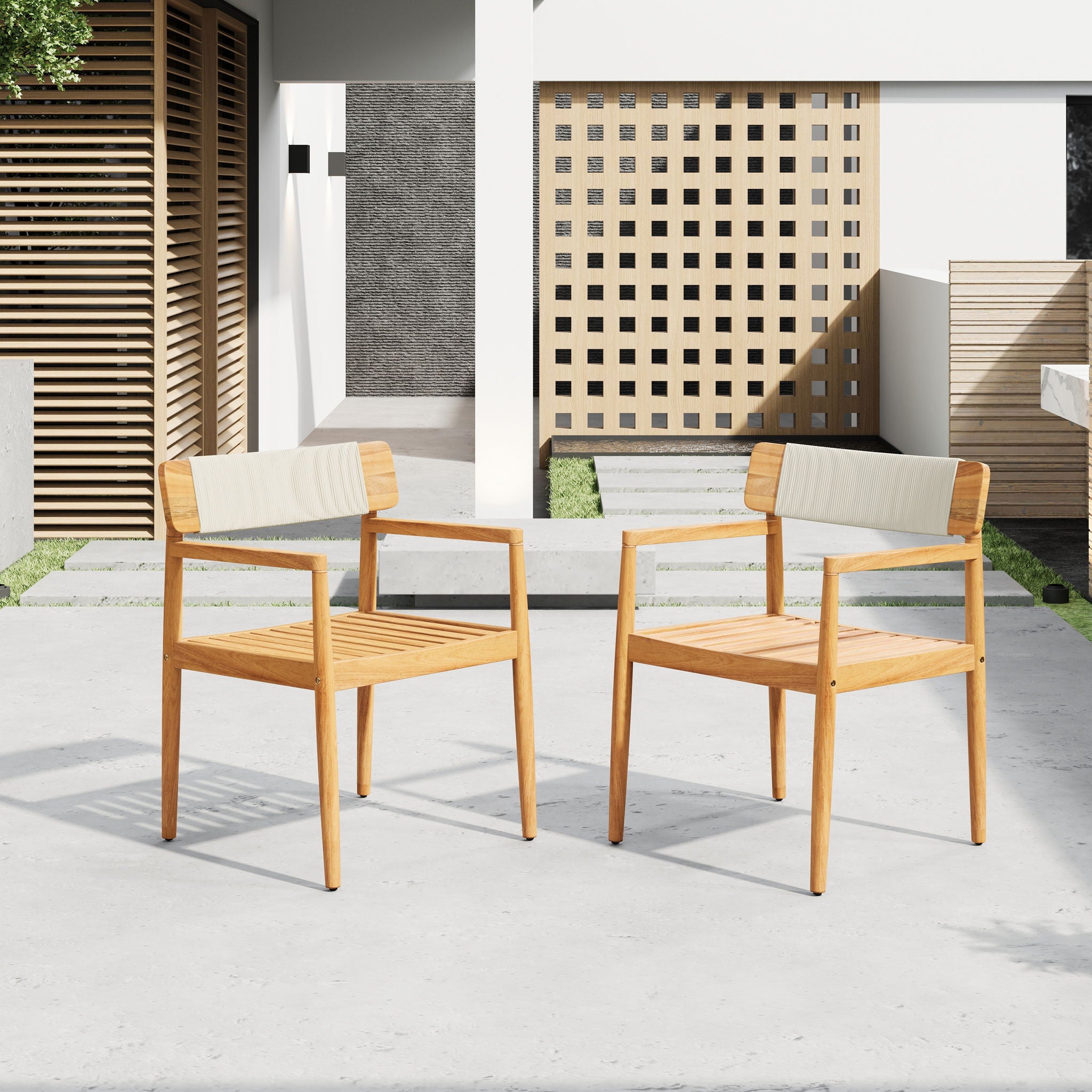 Creative Braided Acacia Wood Outdoor Dining Table And Chairs With Armrests (Set of 2) - Teak / White - Best Buy Furniture