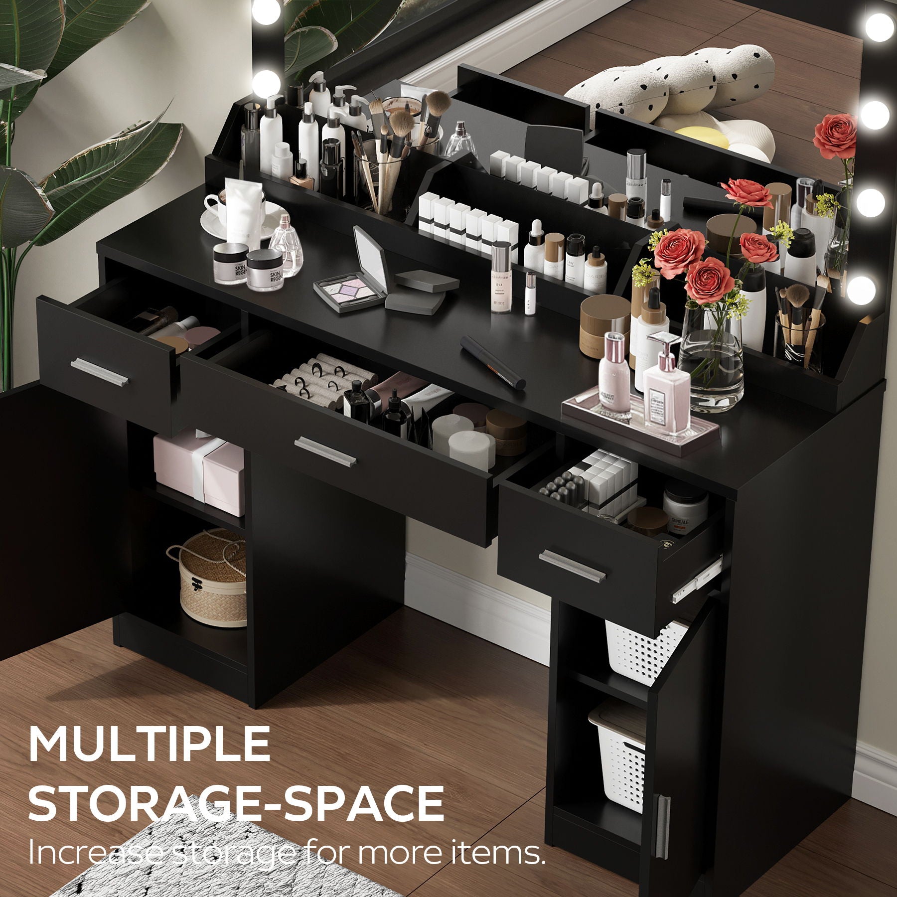 Vanity Desk With Large Mirror, 3 Colour Lighting Modes, Adjustable Brightness, Dresser With 3 Drawers & 2 Vertical Cabinets, Makeup Vanity Table For Women & Girls - Best Buy Furniture