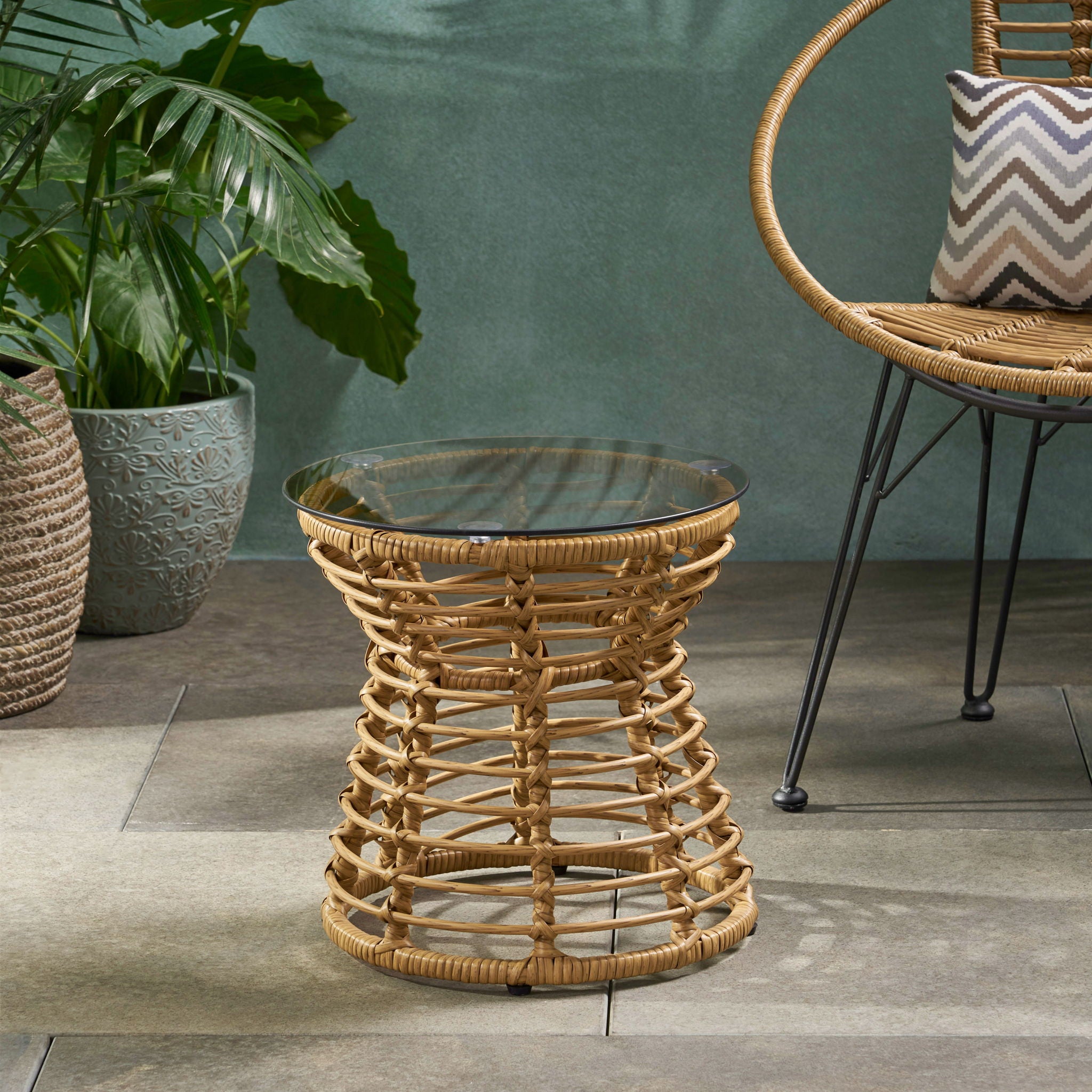 San Pedro - Boho Style Side Table With Tempered Glass Top - Light Brown Rattan - Best Buy Furniture