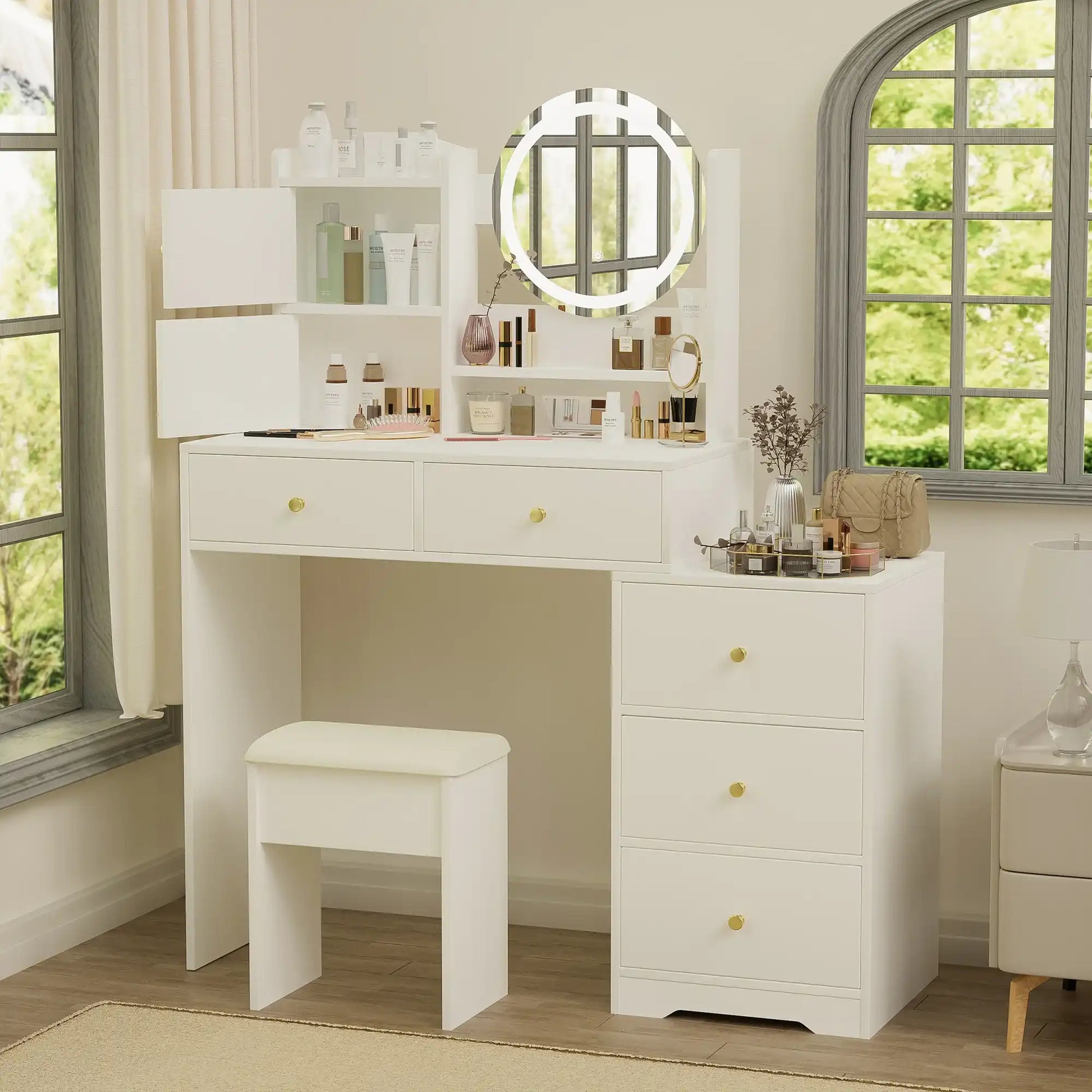 Vanity Desk Set with Mirror and Lights, White - Best Buy Furniture