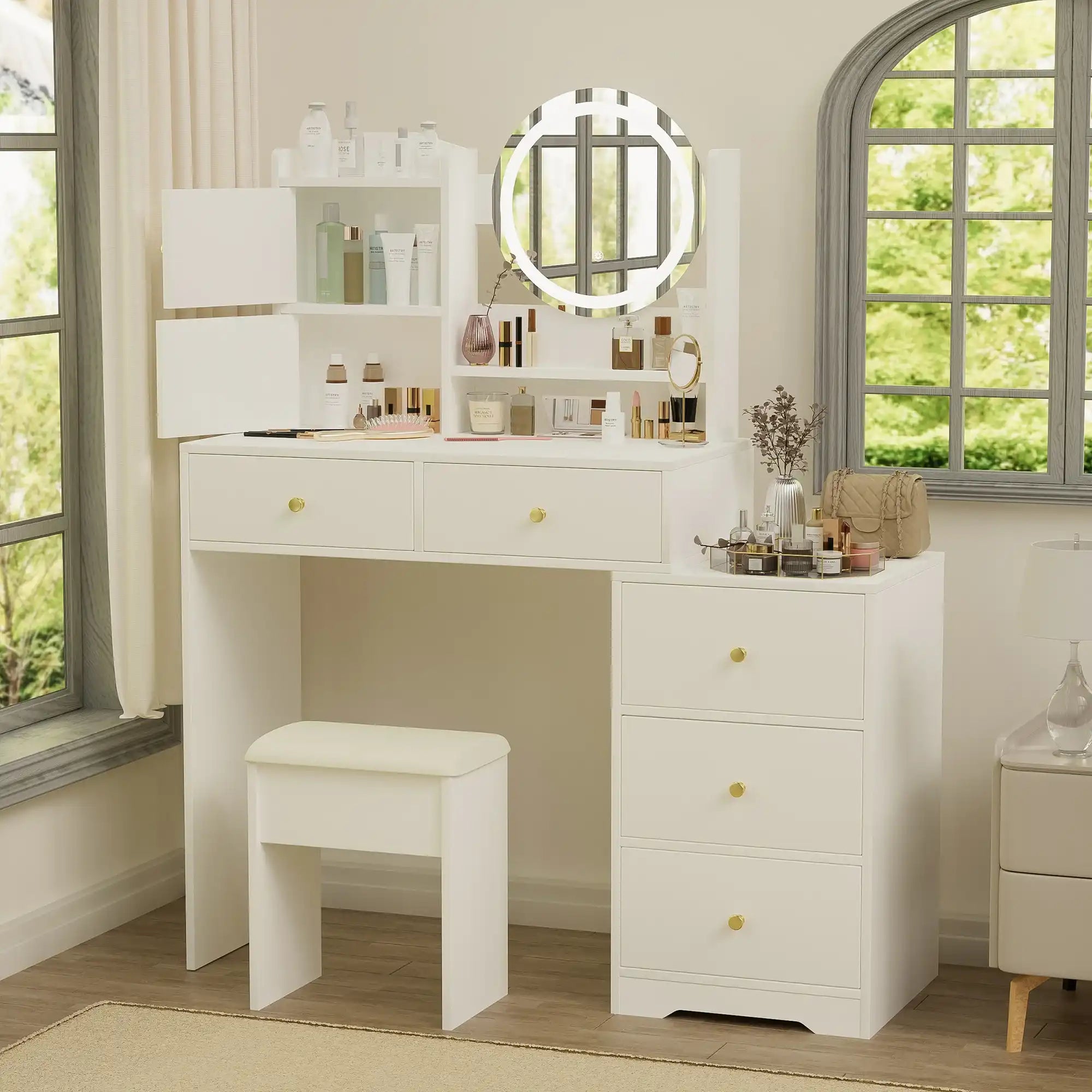 Vanity Desk Set with Mirror and Lights, White - Best Buy Furniture
