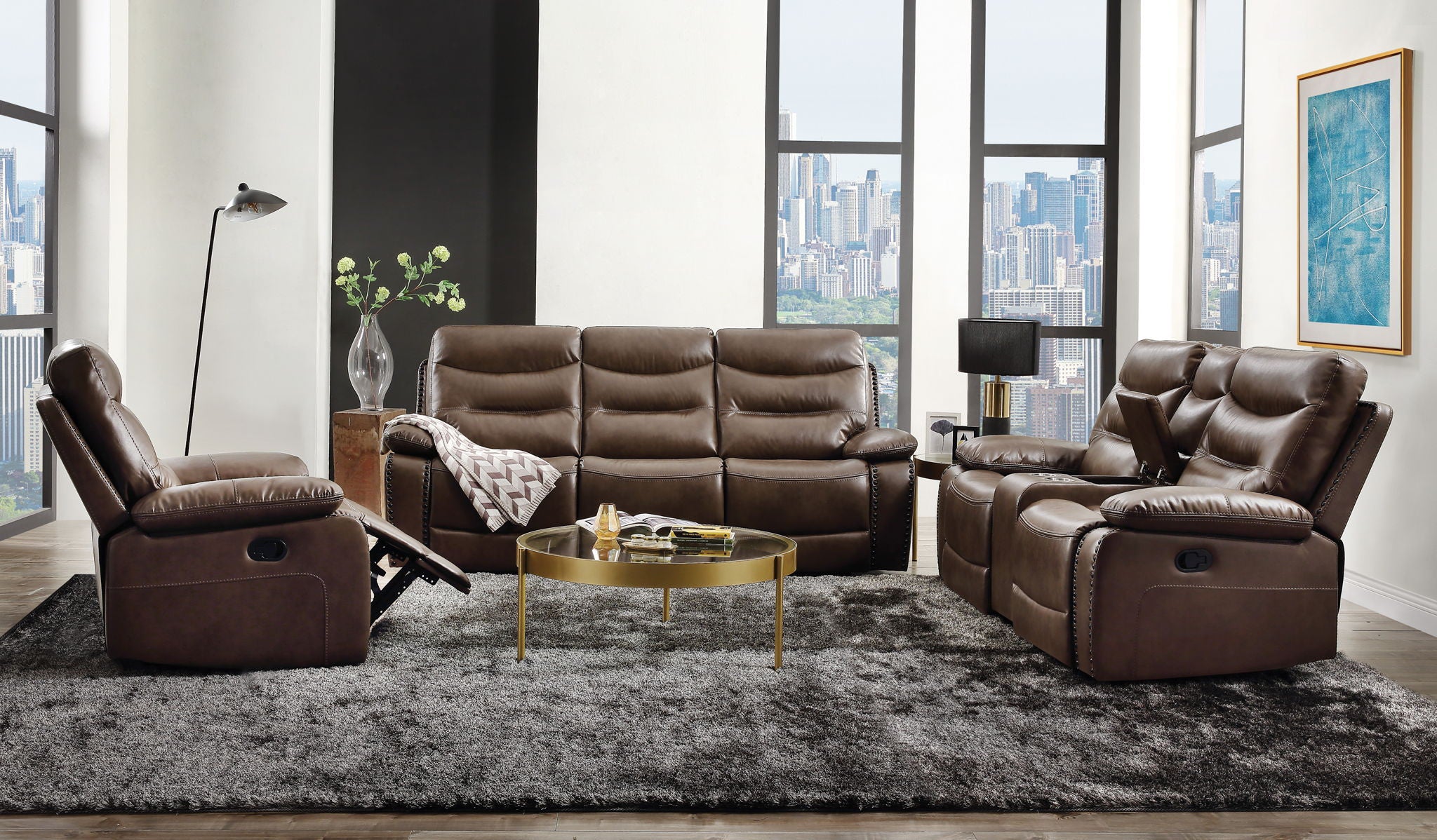 Aashi - Leather Gel Match 3 Piece Recliner Living Room Set - Brown - Best Buy Furniture