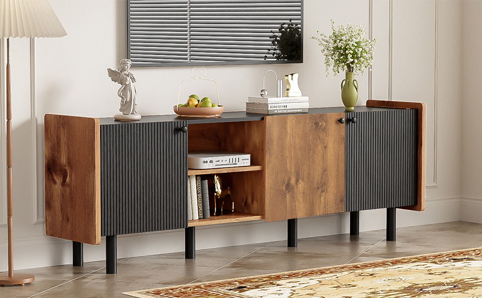 Mid Century TV Stand With 3 Cabinets, Media Console Table For Tvs Up To 70'', Entertainment Center With Storage For Living Room - Black / Brown - Best Buy Furniture