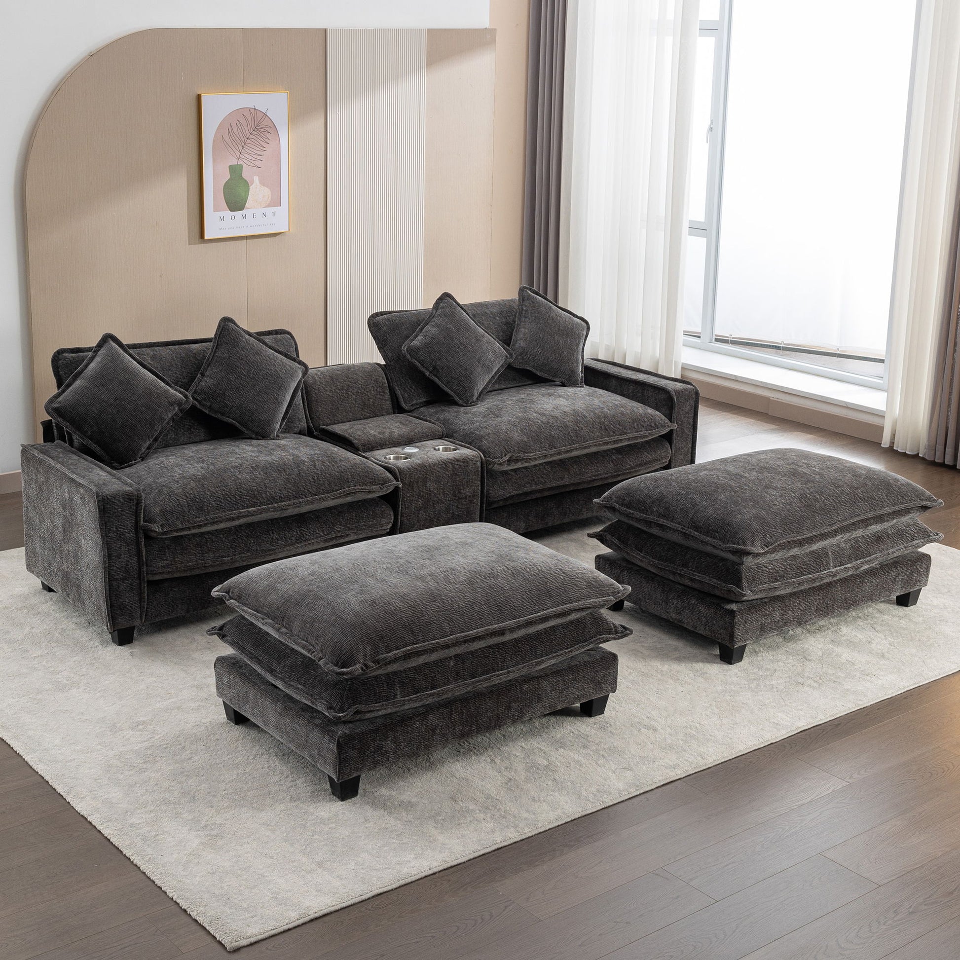 Sectional Sofa Chenille Upholstered Sofa With Two Removable Ottoman, Two USB Ports, Two Cup Holders And Large Storage Box For Living Room - Best Buy Furniture