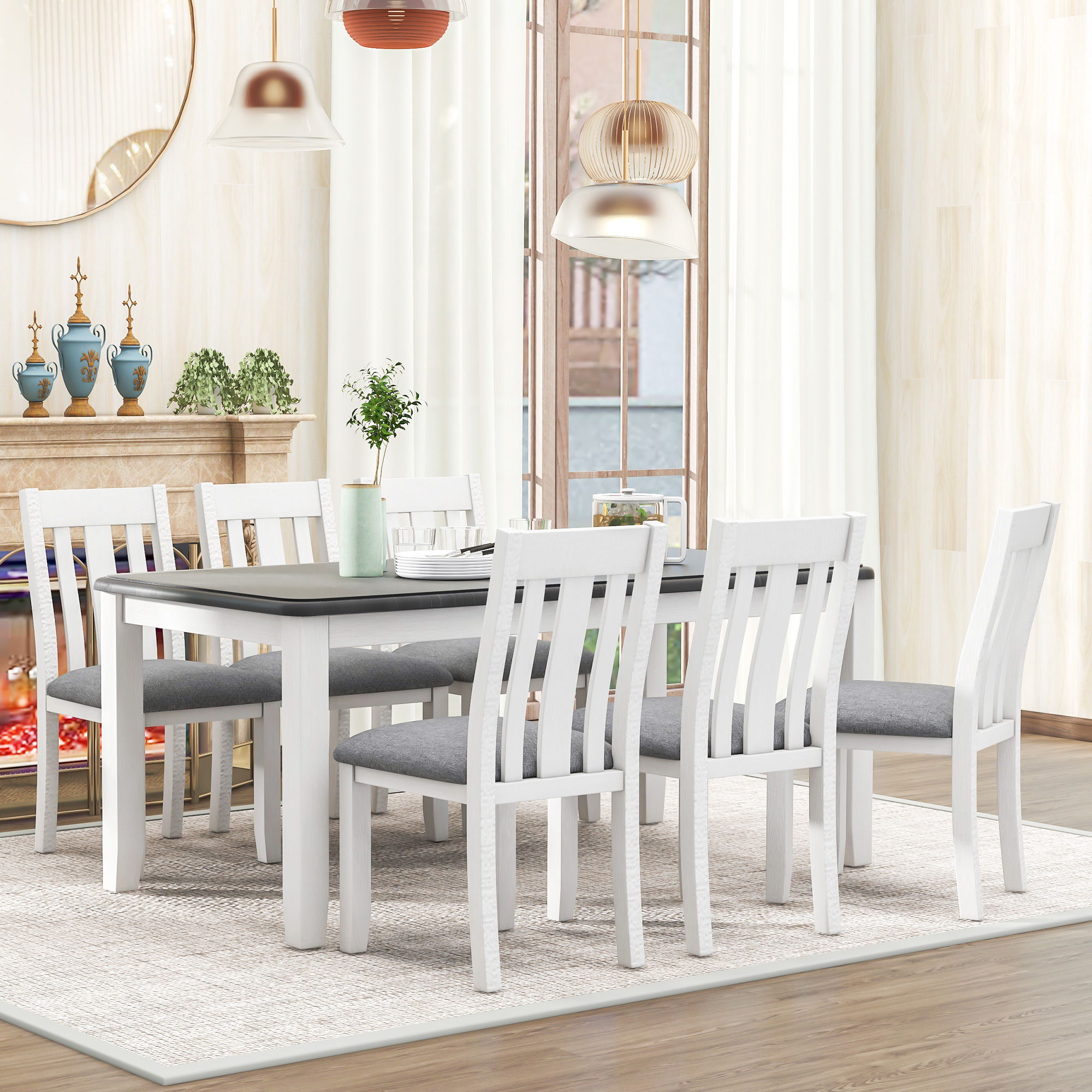Retro Style 7 Piece Dining Table Set With Extendable Table And 6 Upholstered Chairs - Gray / White - Best Buy Furniture