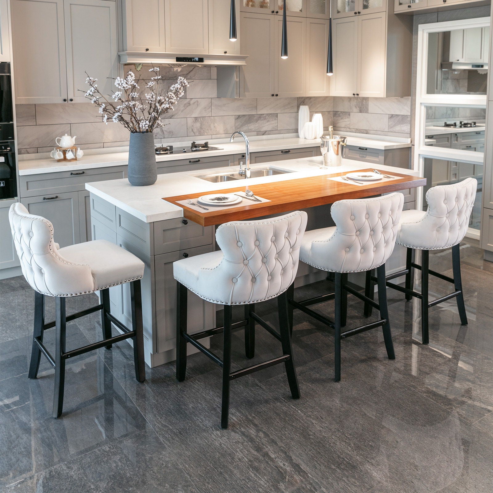 Contemporary Velvet Upholstered Wing-Back Barstools With Button Tufted Decoration And Wooden Legs, And Chrome Nailhead Trim, Leisure Style Bar Chairs, Bar Stools (Set of 2) - Best Buy Furniture