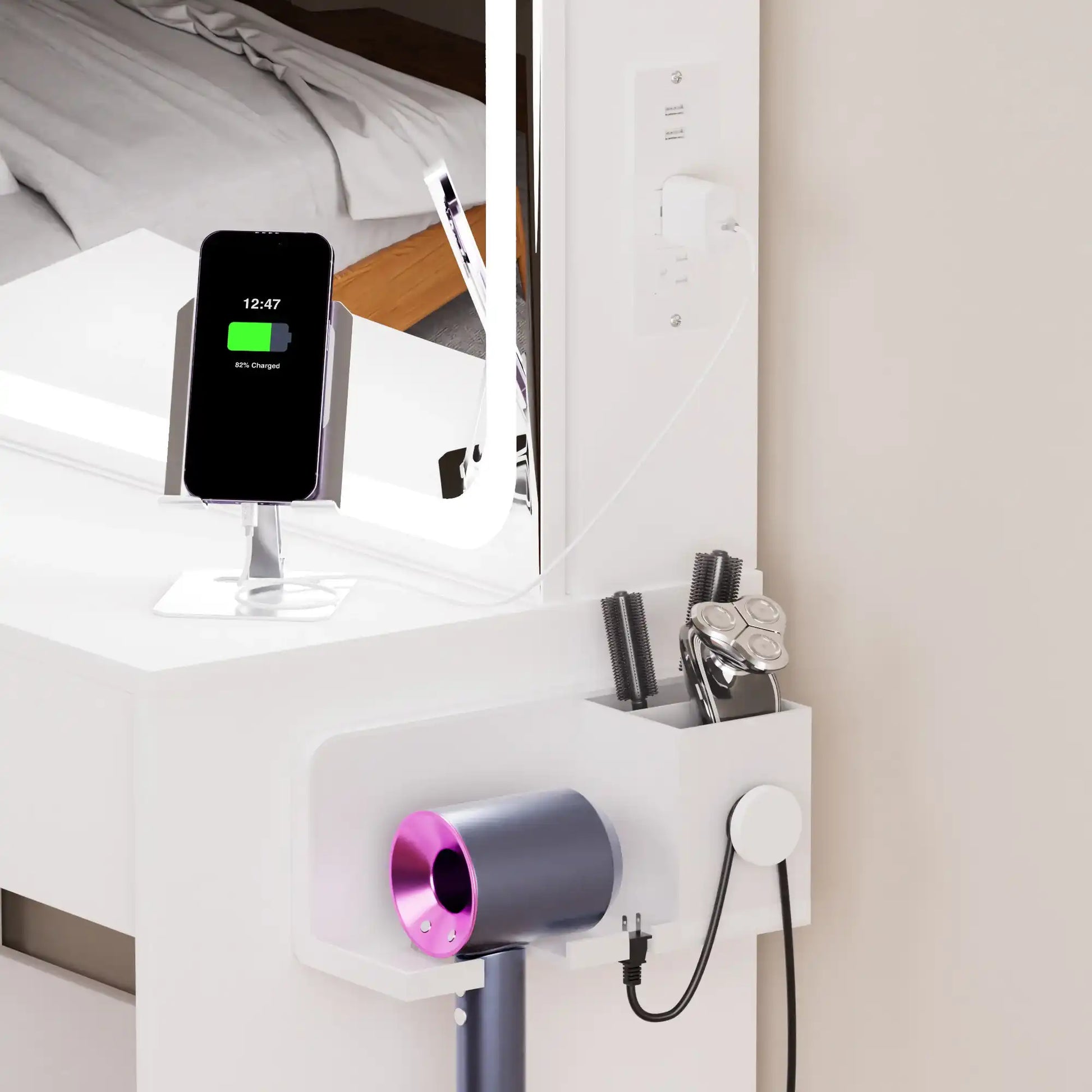 LED Vanity Table with Mirror & Stool, White - Best Buy Furniture