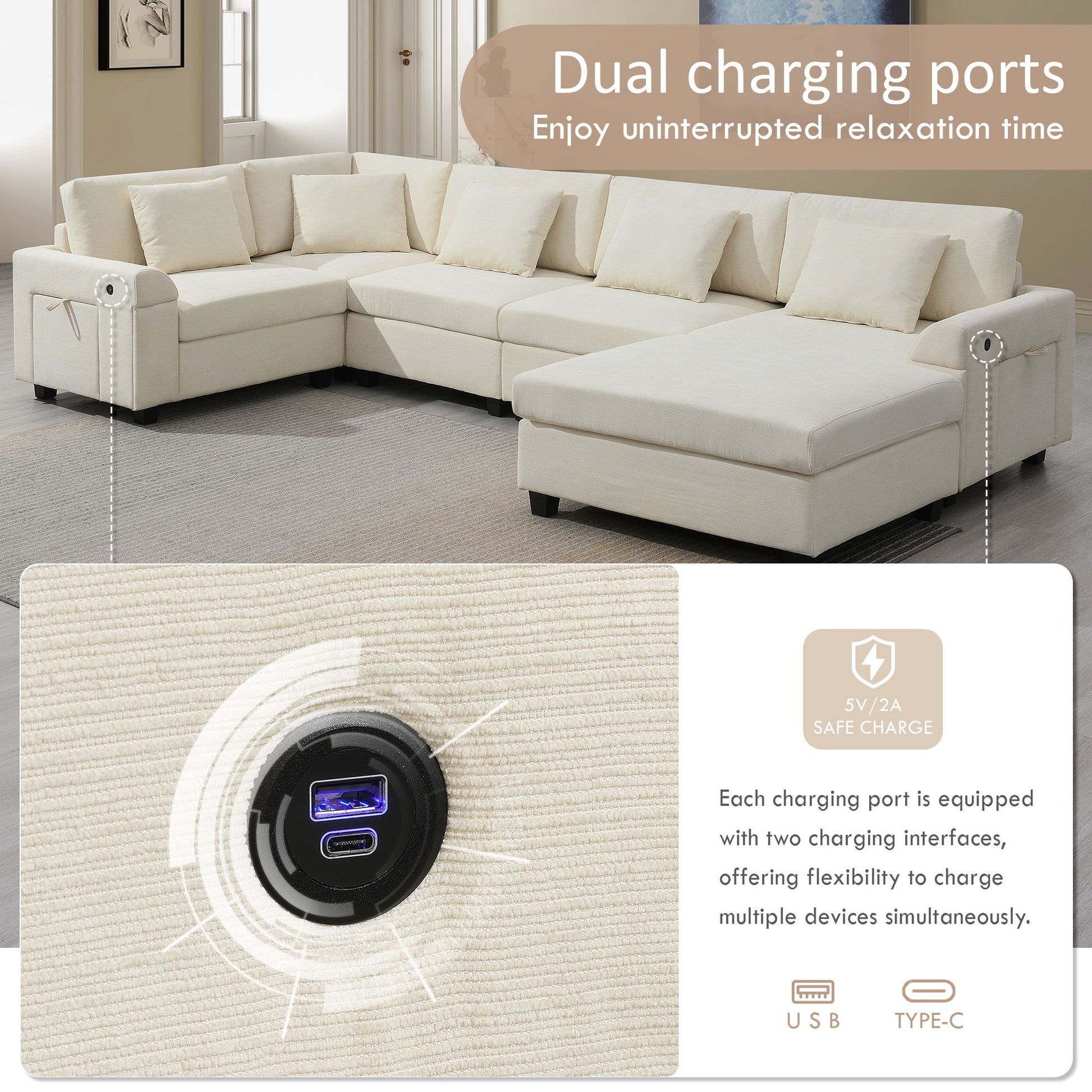 U Shaped Sectional Sofa 6 Seat Couch Set With Oversized Ottoman, Hidden Armrest Storage And Cup Holders USB Charging Ports Wide Seat Sofa - Best Buy Furniture