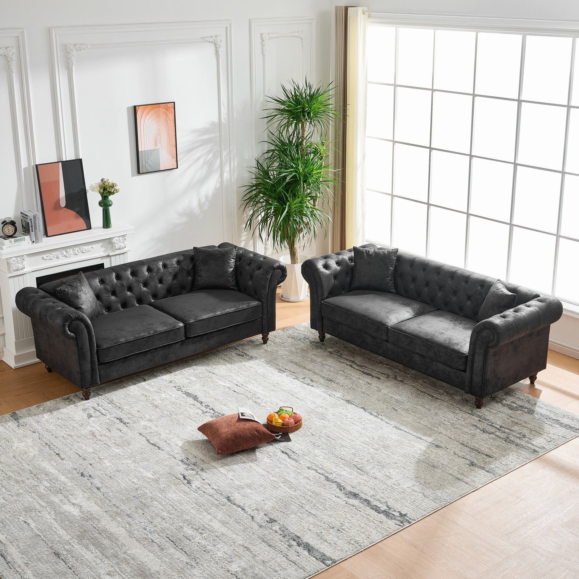 Chesterfield 3 And 3 Seater Sofa Set High Tech Fabric Roll Armrest Upholstered Couch - Best Buy Furniture