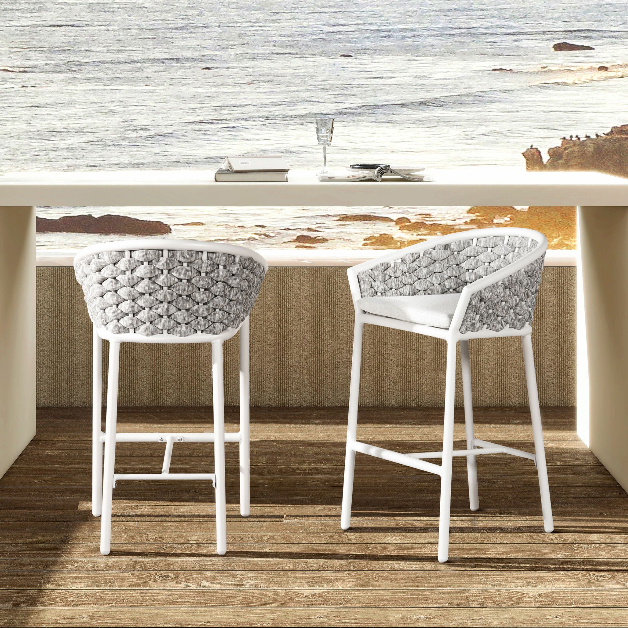 Rowan - Rope Barrel Low Back Patio Counter Stool (Set of 2) - Optic White - Best Buy Furniture