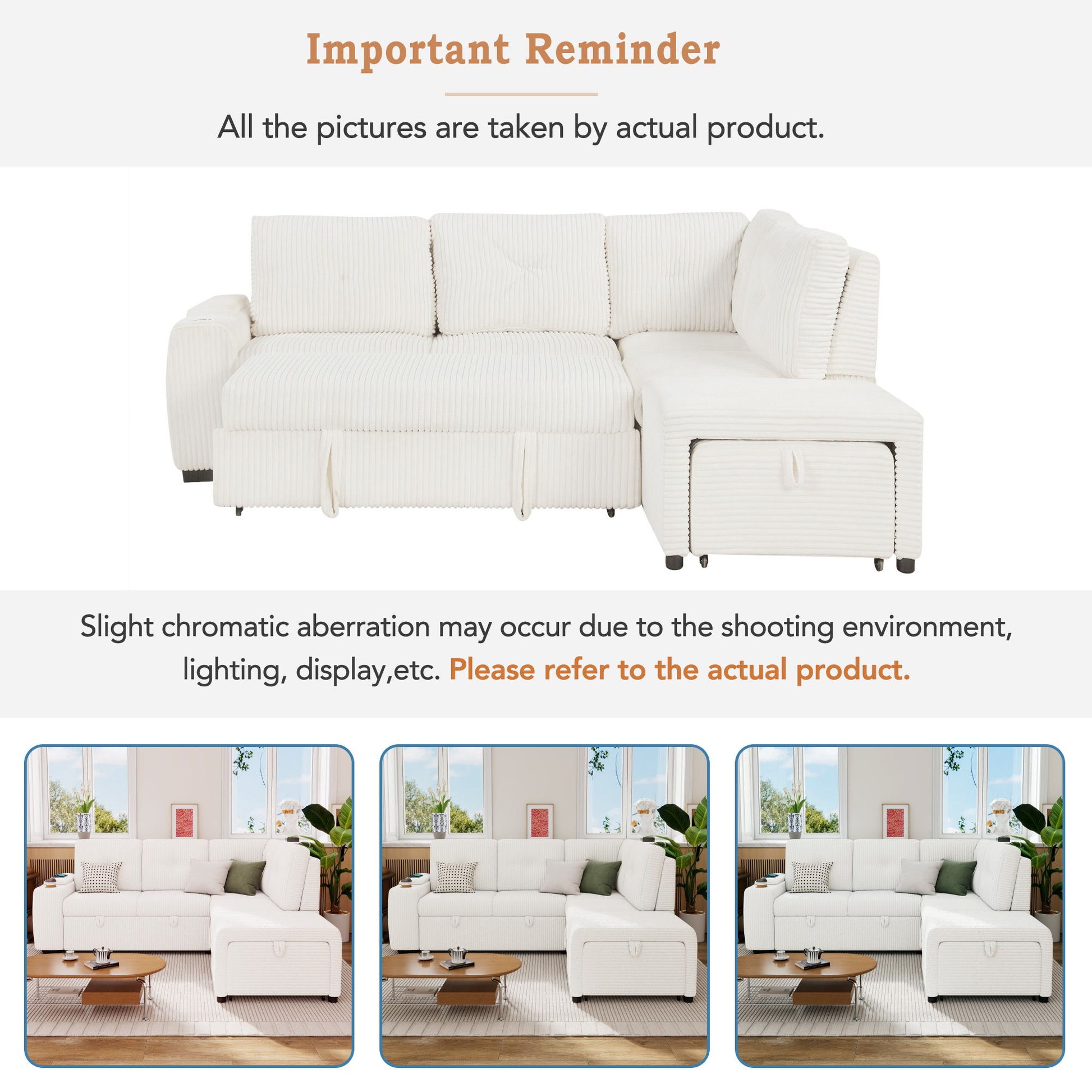 Pull-Out L-Shaped Sectional Sofa With Movable Ottoman And Stool, Large Storage Space, A Cup Holder, And 2 USB Ports For Living Room - Best Buy Furniture