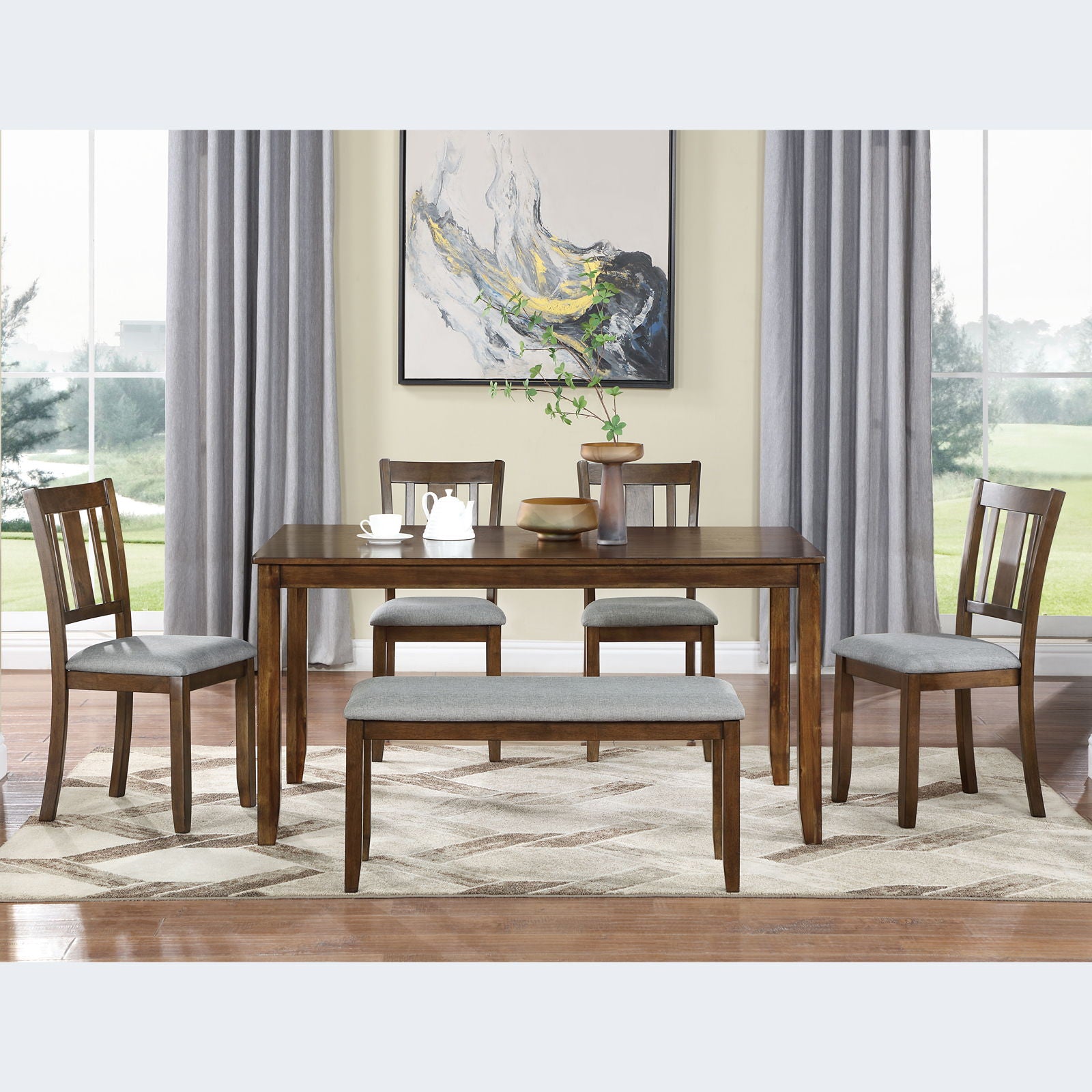6 Pieces Kitchen Dining Set, Rectangular Wooden Dining Table With 4 Upholstered Chairs And A Bench - Best Buy Furniture