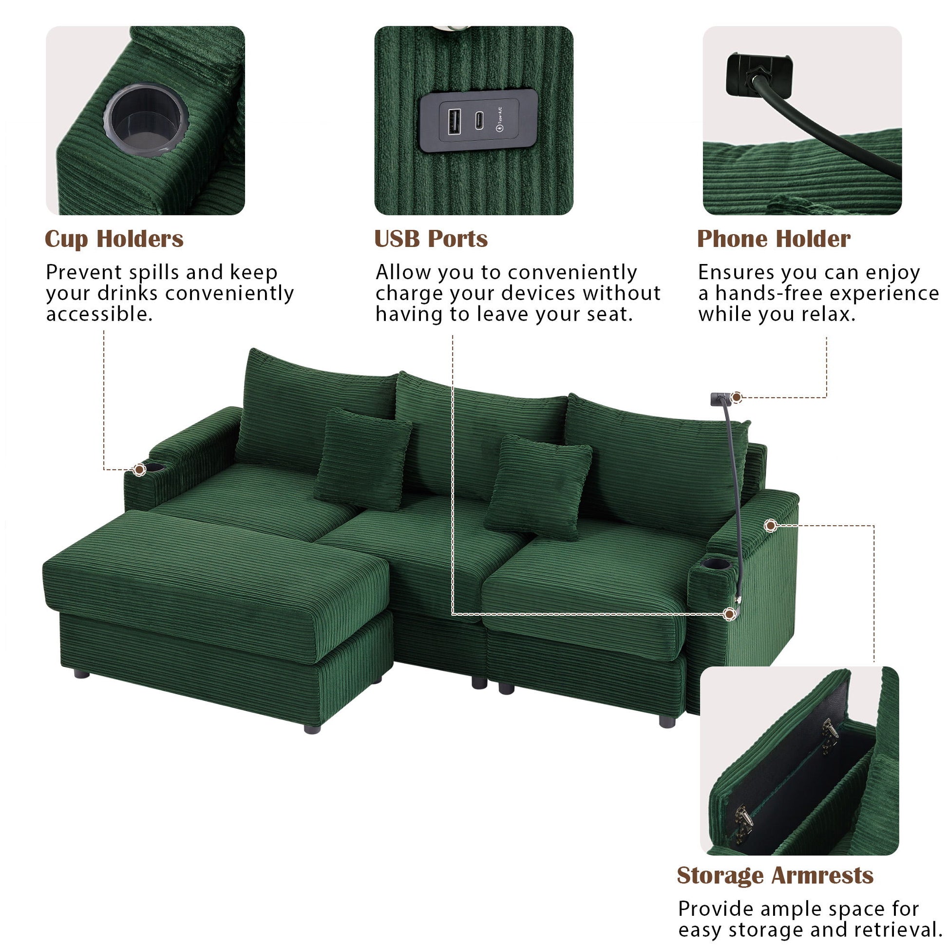 Modern Style Loveseat Sofa Sectional Sofa Couch With Storage Space, A Movable Ottoman, Two USB Ports, Two Cup Holders, A Phone Holder For Living Room - Best Buy Furniture