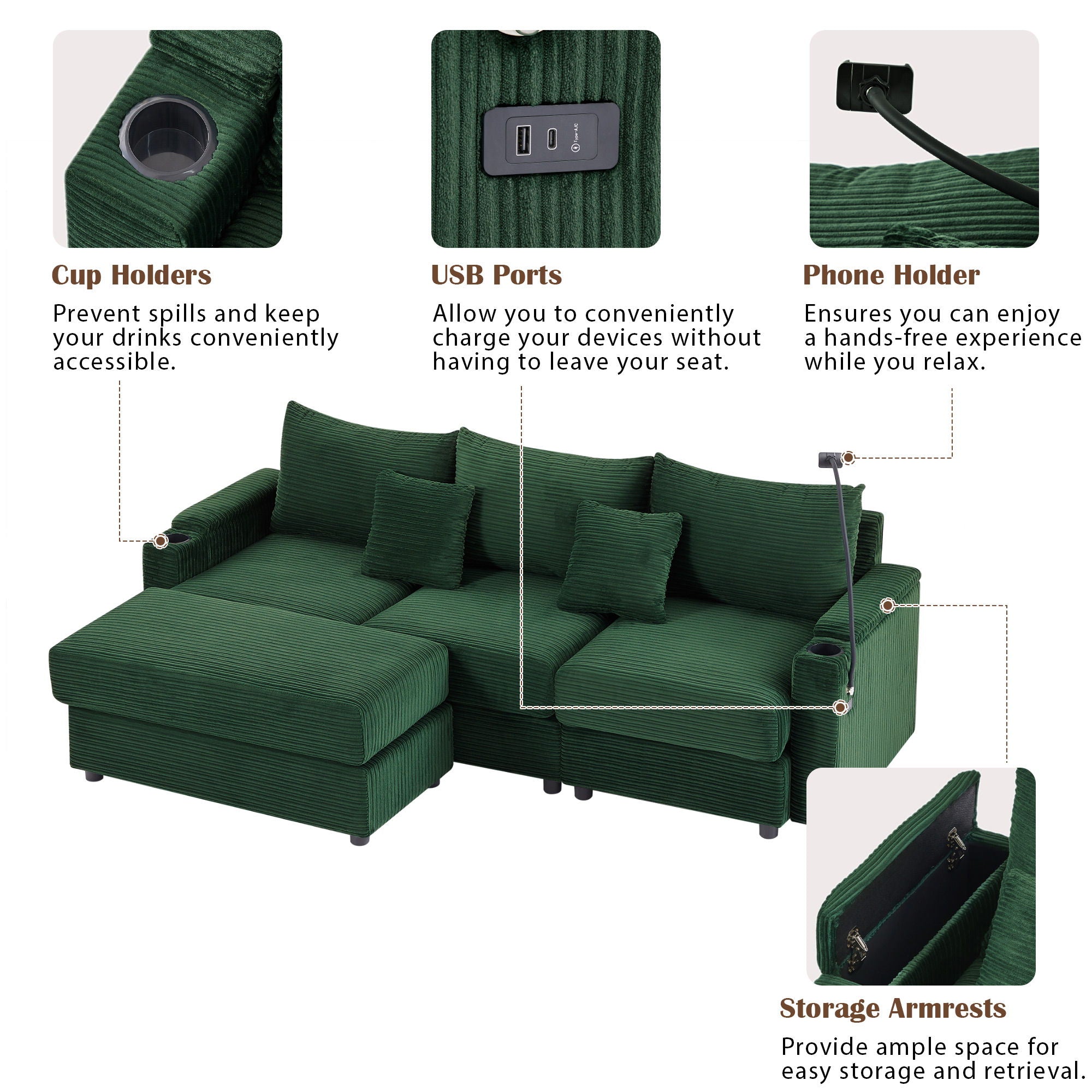 Modern Style Loveseat Sofa Sectional Sofa Couch With Storage Space, A Movable Ottoman, Two USB Ports, Two Cup Holders, A Phone Holder For Living Room - Best Buy Furniture