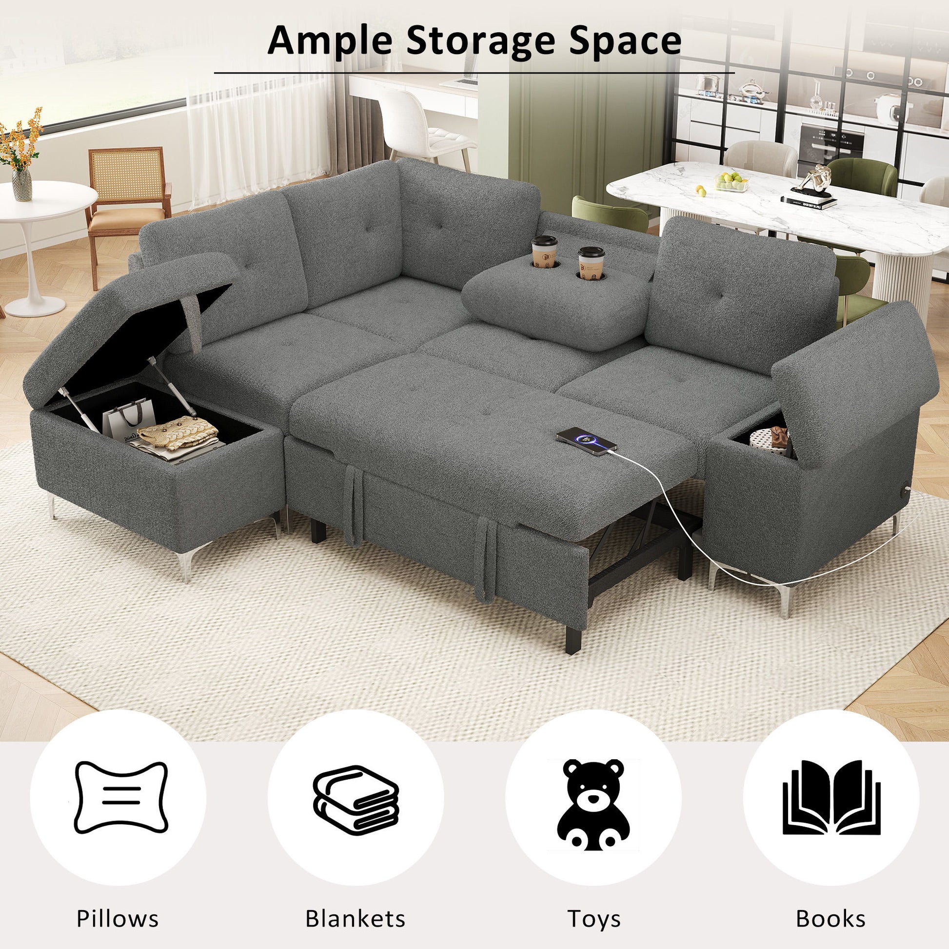 Versatile L Shaped Sofa Bed With Storage, Cup Holders, USB Ports Chenille - Best Buy Furniture