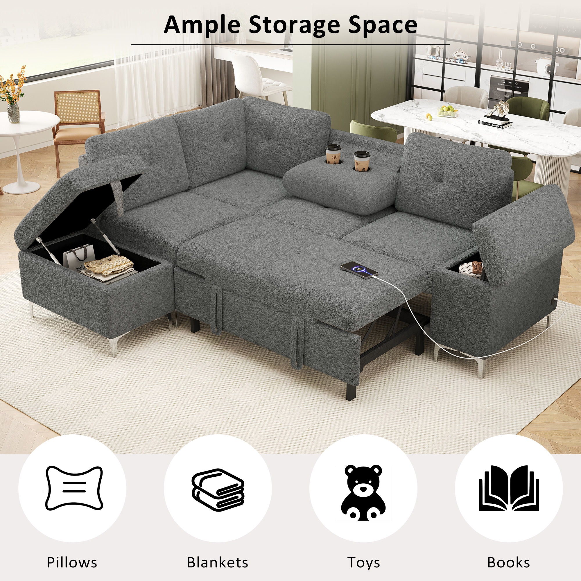 Versatile L Shaped Sofa Bed With Storage, Cup Holders, USB Ports Chenille - Best Buy Furniture