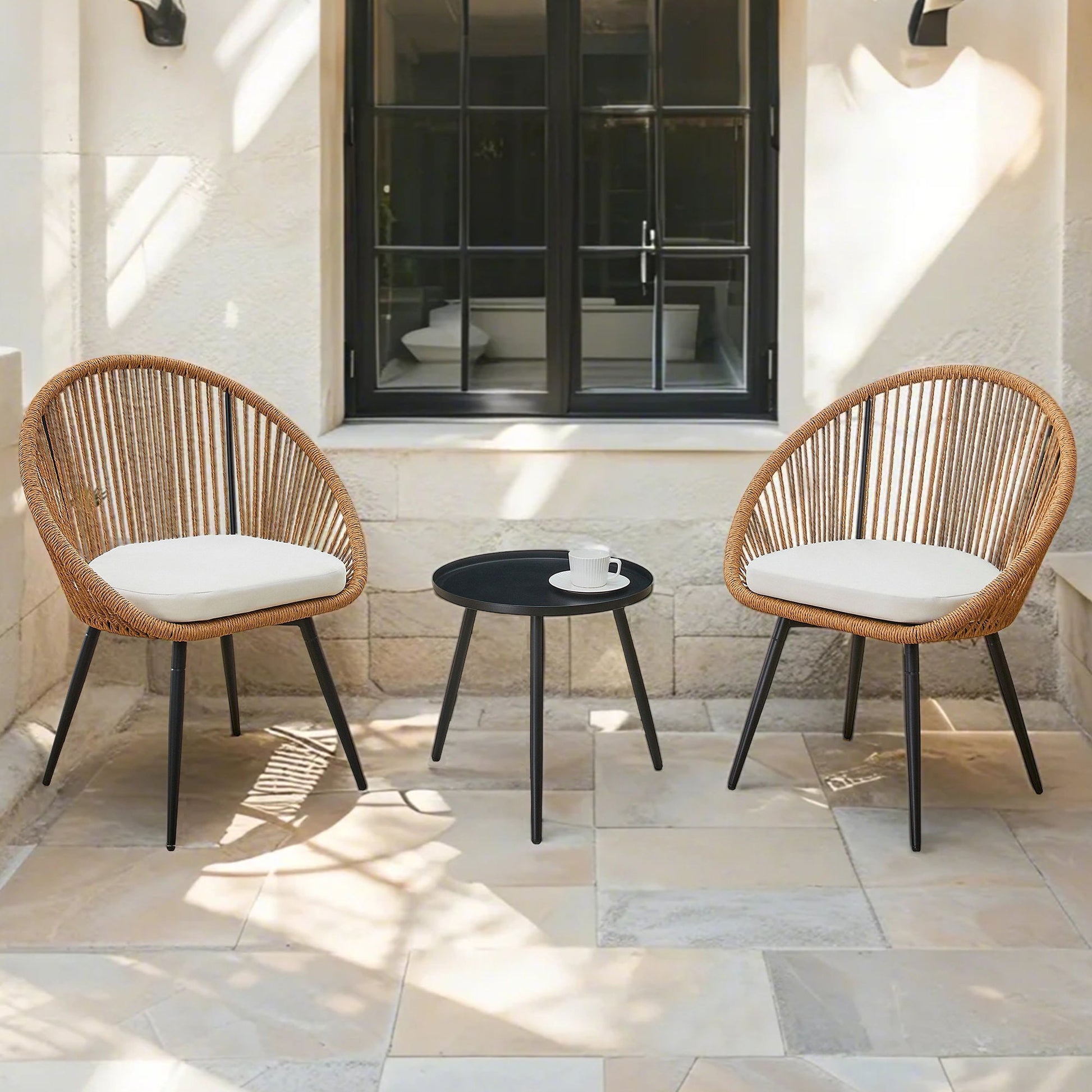 Modern 3 Piece Set, Anti - Spill Round Coffee Table, 2 Rattan Swivel Chairs, Outdoor Patio Furniture For Tea Time - Black / Wood - Best Buy Furniture