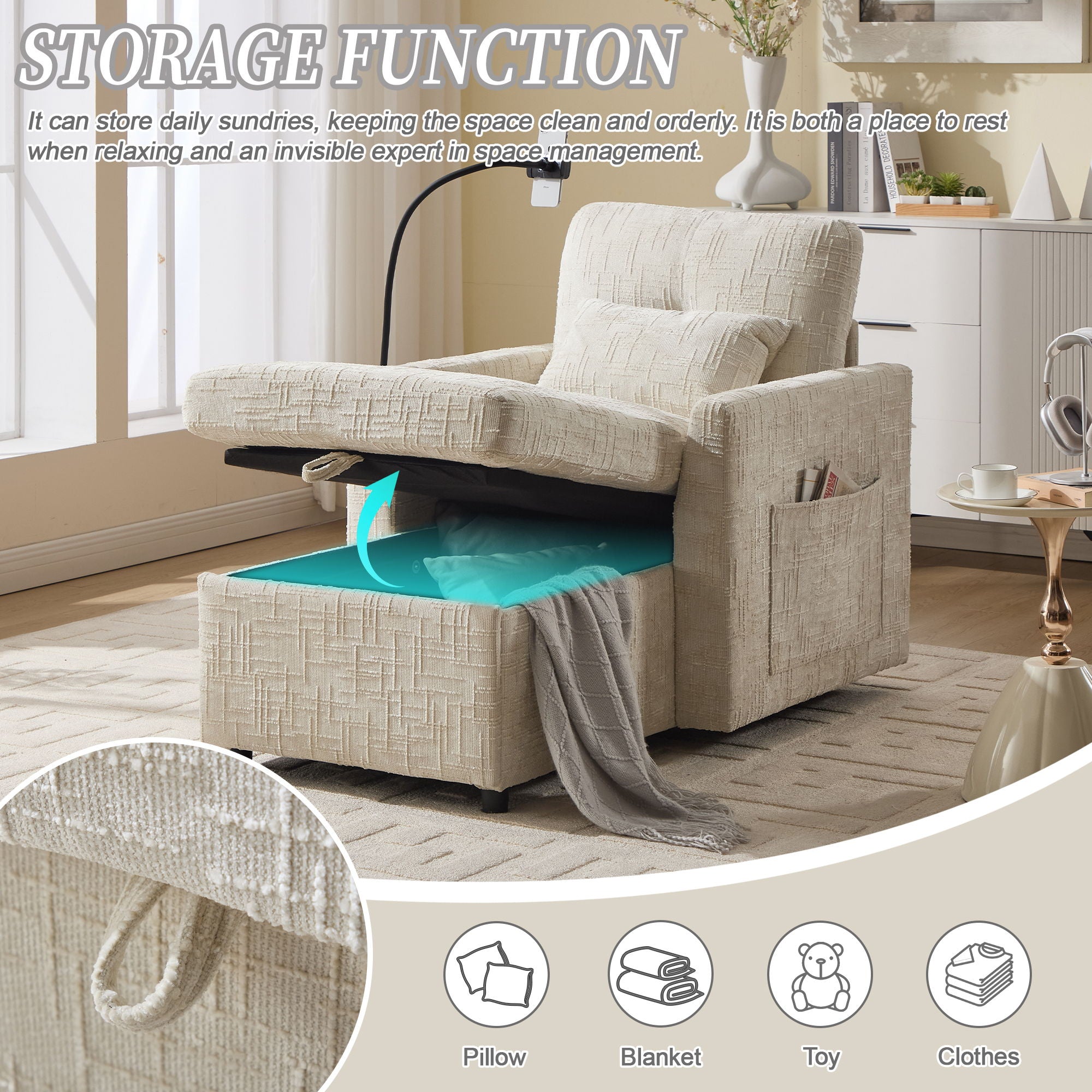Multifunctional Chenille Recliner Sofa With Storage And Phone Bracket - Best Buy Furniture