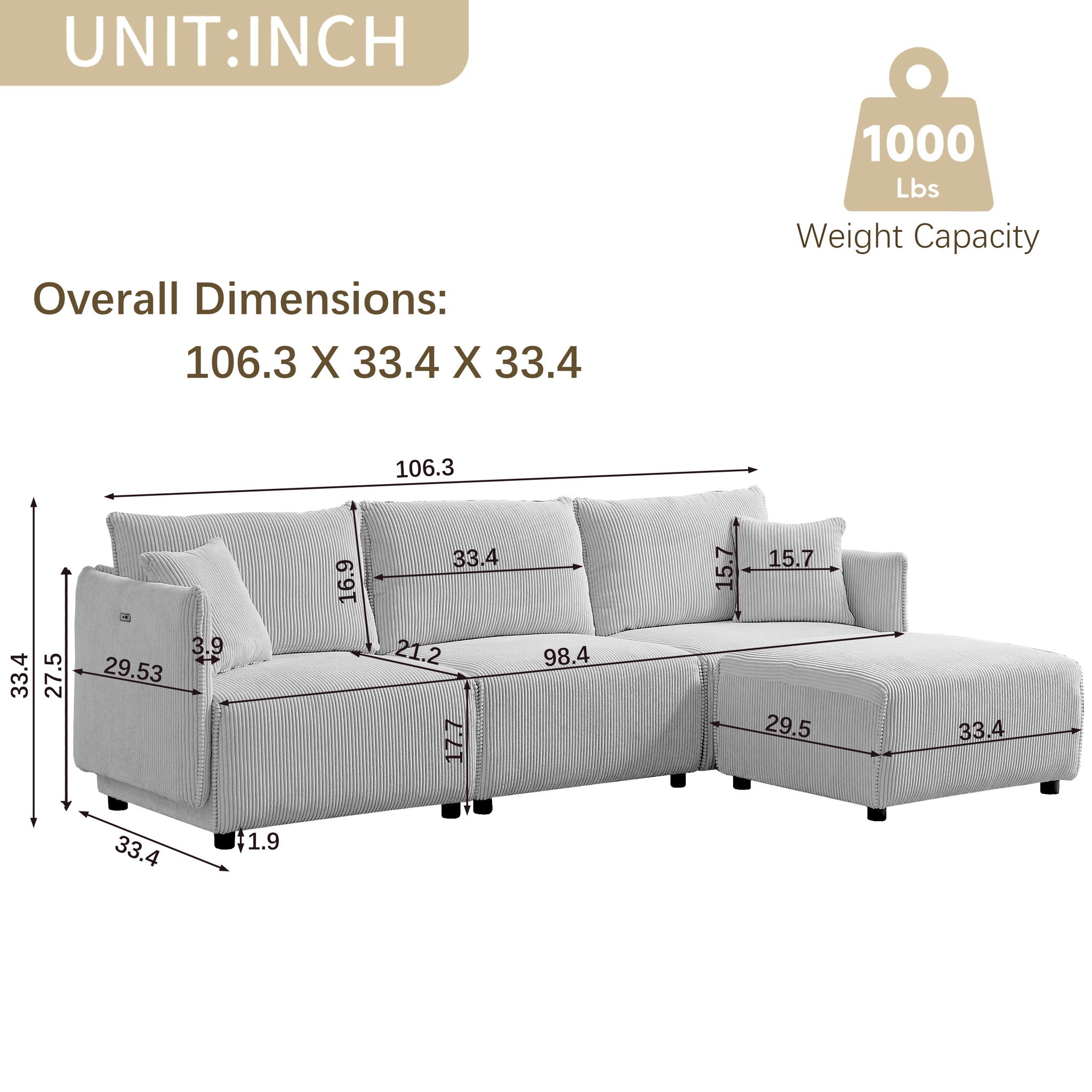 Modern Minimalist Corduroy Combination Sofa With 2 Comfort Cushions With USB & C Charging Ports - Best Buy Furniture