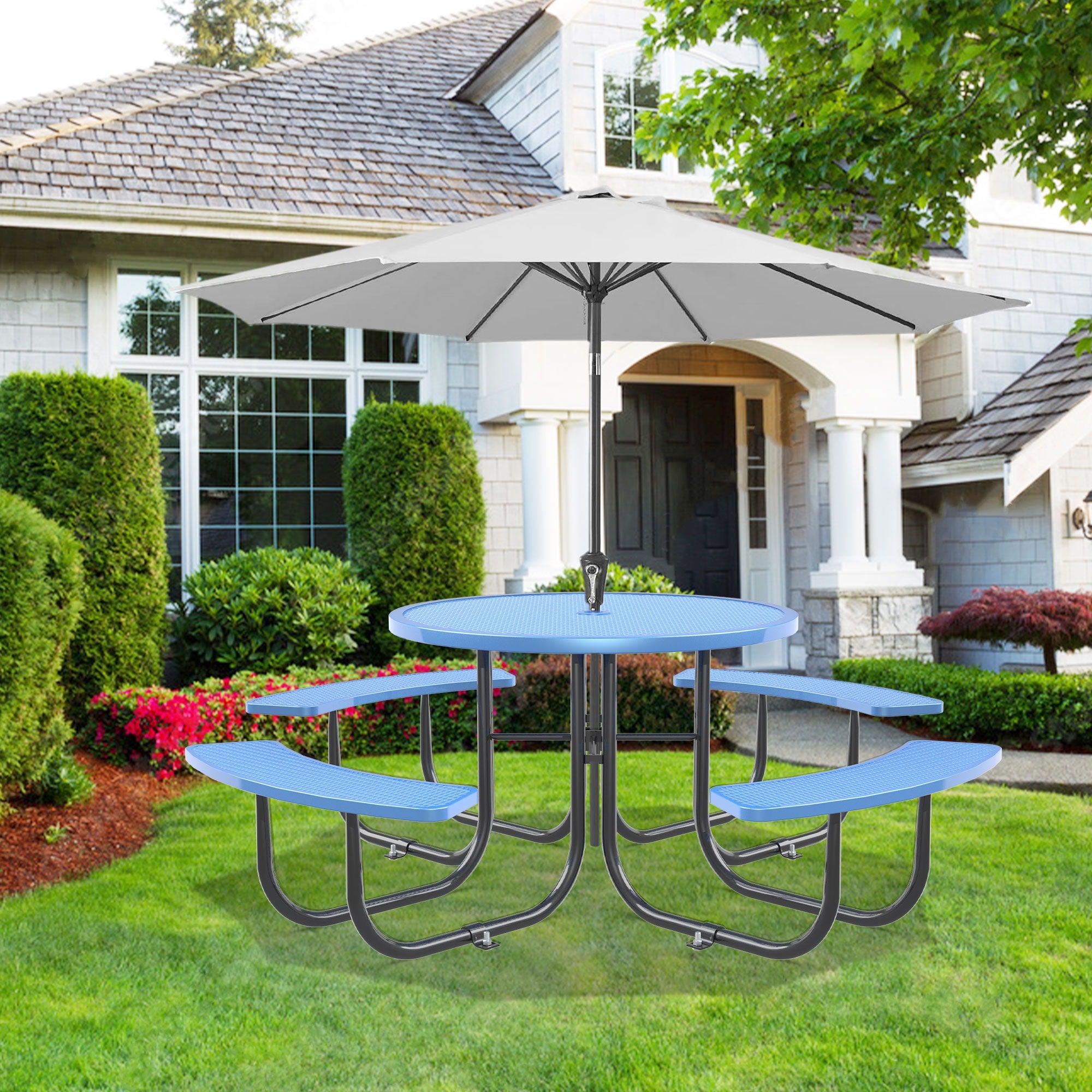 Round Outdoor Steel Picnic Table 46" With Umbrella Pole - Best Buy Furniture
